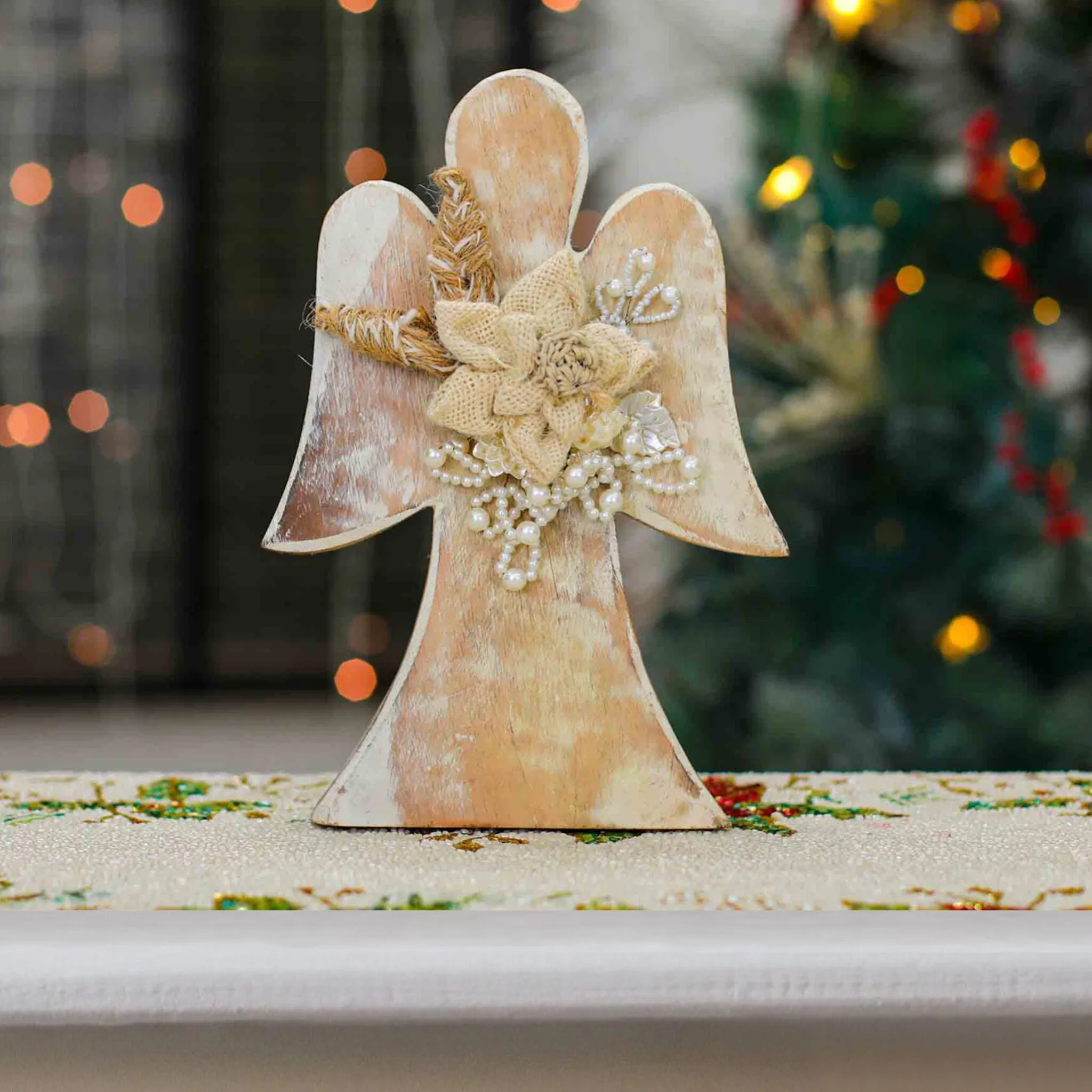 Angel Wood Christmas Figurine with Jute Flower in Cream