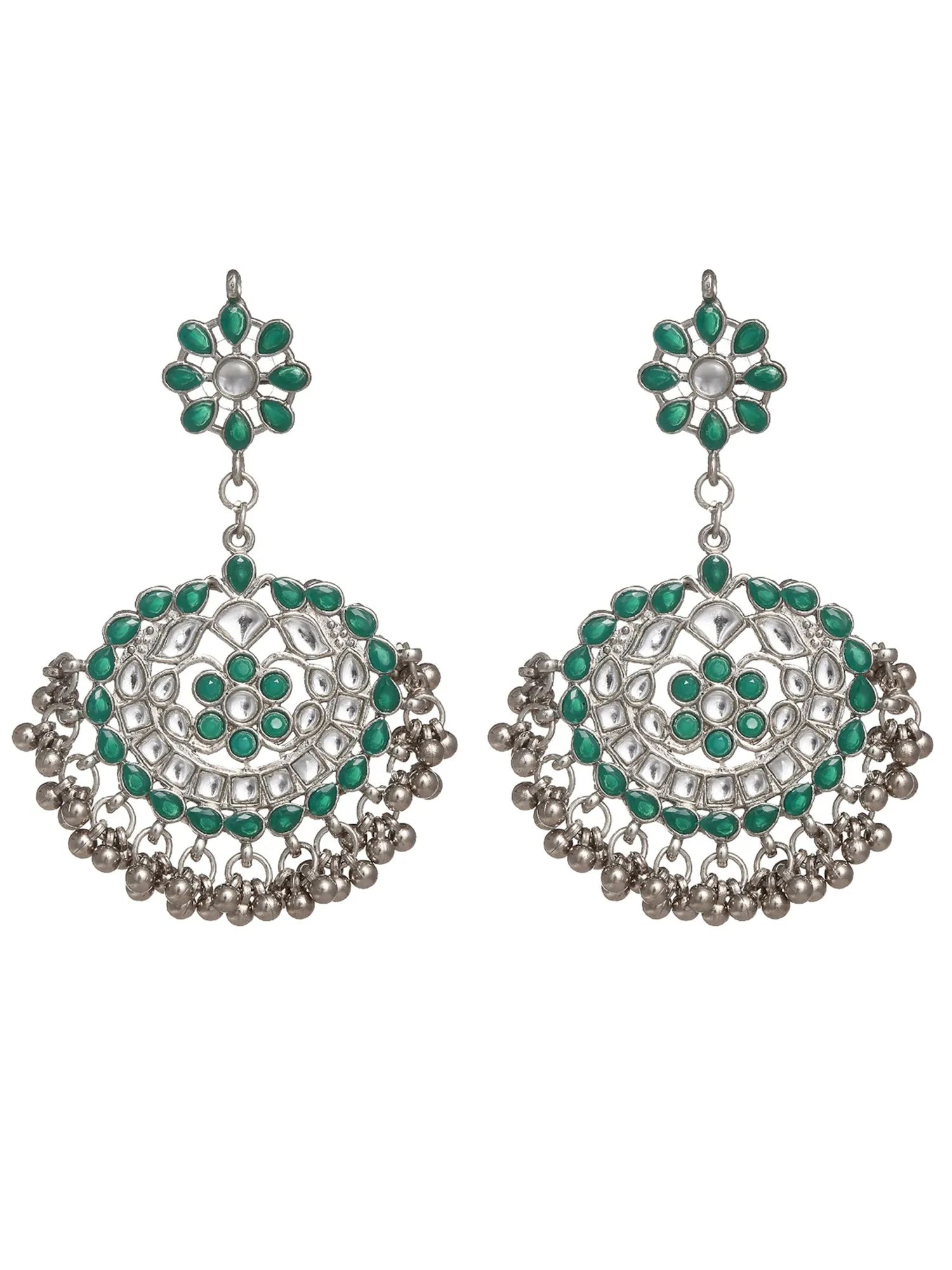 Antique Green Kundan Studded Oxidised Silver Handcrafted Chandbali Earrings