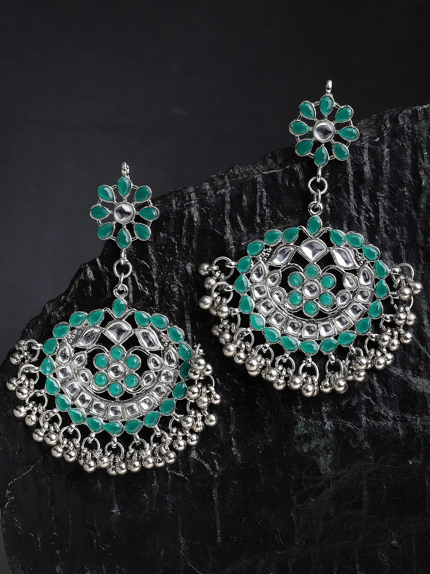 Antique Green Kundan Studded Oxidised Silver Handcrafted Chandbali Earrings