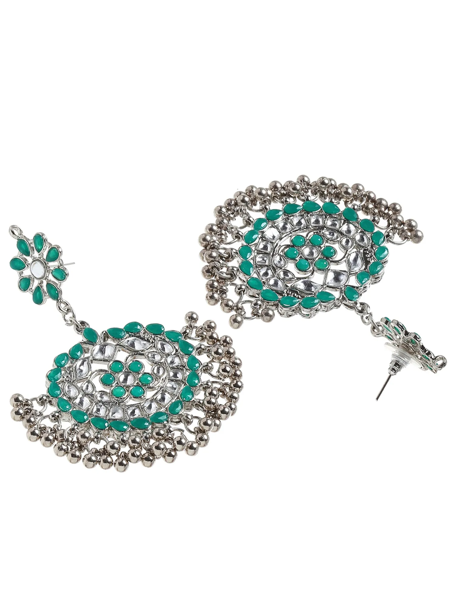 Antique Green Kundan Studded Oxidised Silver Handcrafted Chandbali Earrings