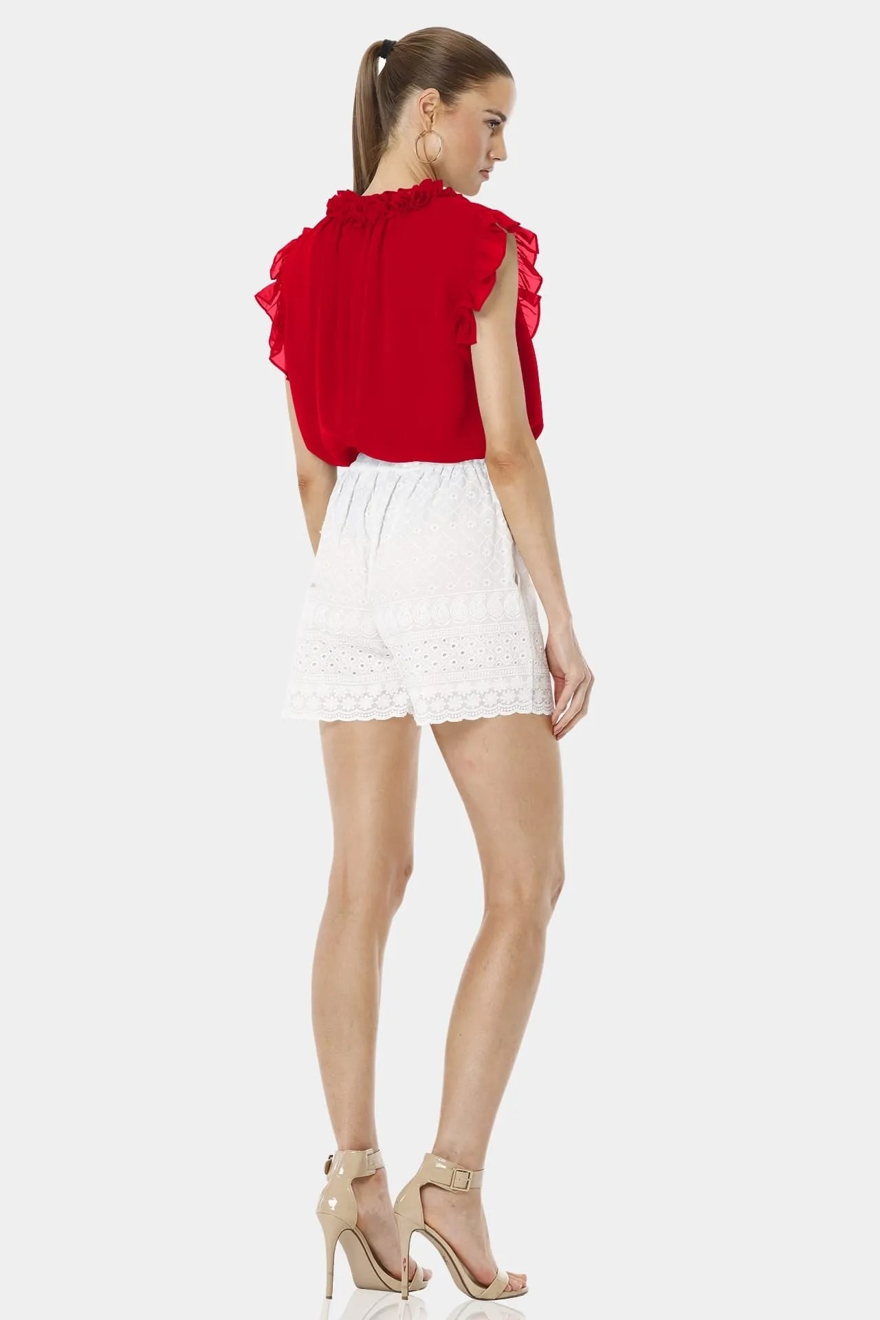 Aphrodite Red Short Top With Ruffle Sleeveless Design