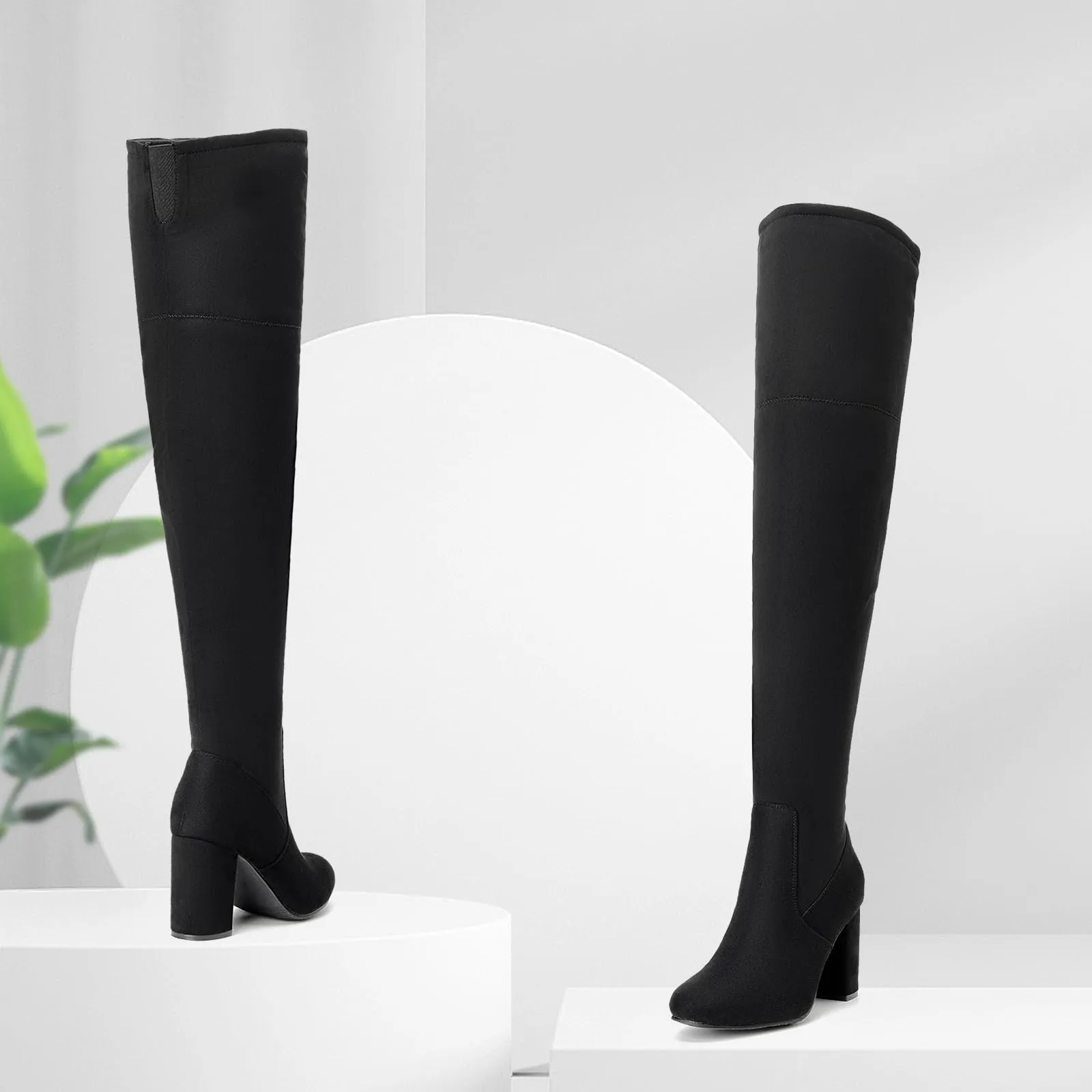 Black Faux Suede Over The Knee Stretch Winter Boots