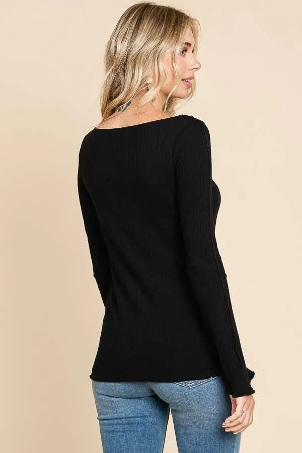 Black Ribbed Boat Neck Merrow Edge Top