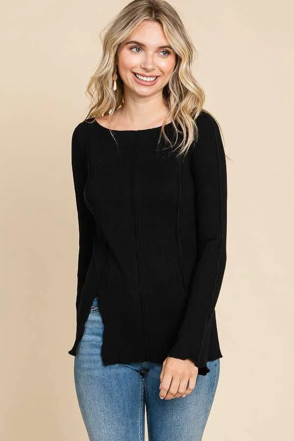 Black Ribbed Boat Neck Merrow Edge Top