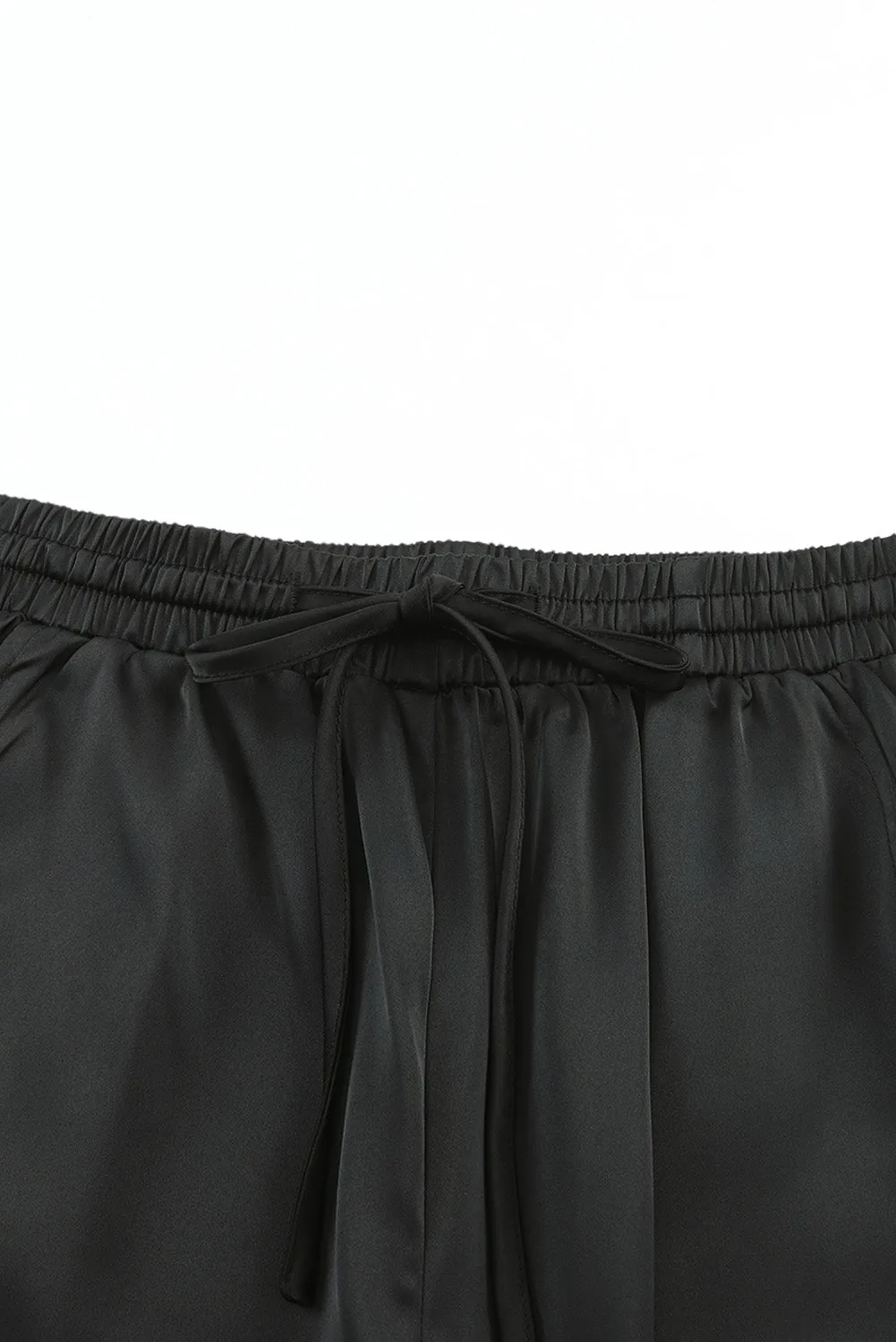 Black Satin Pocketed Drawstring Elastic Waist Pants