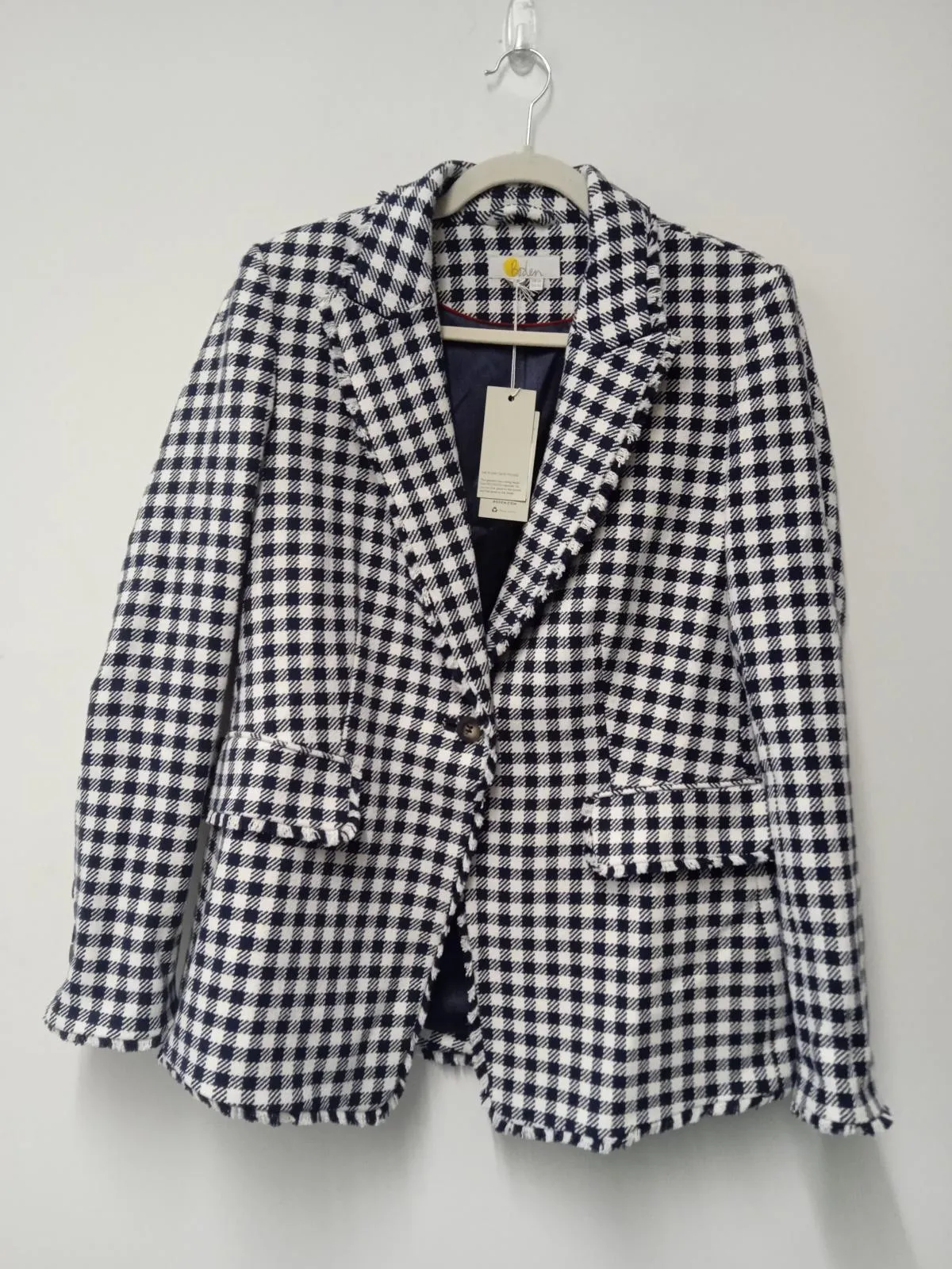 BODEN Ladies Navy Blue & White Check Long Sleeve Collared Jacket Size UK14R NEW