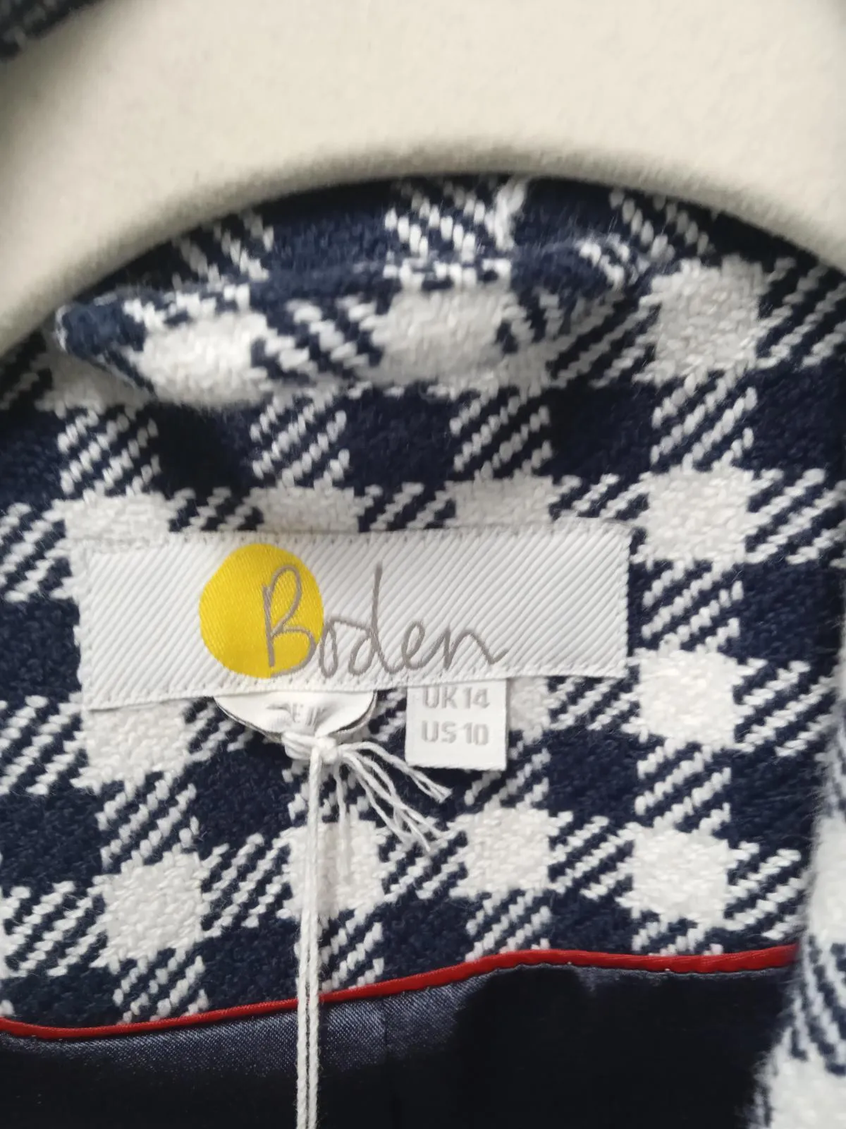 BODEN Ladies Navy Blue & White Check Long Sleeve Collared Jacket Size UK14R NEW