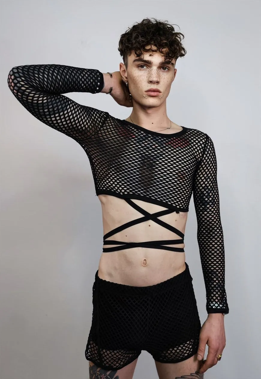 Cropped mesh top transparent short tshirt see-through jumper