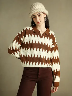 DL Woman Shirt Collar Striped Brown Full Sleeves Pullover Sweater