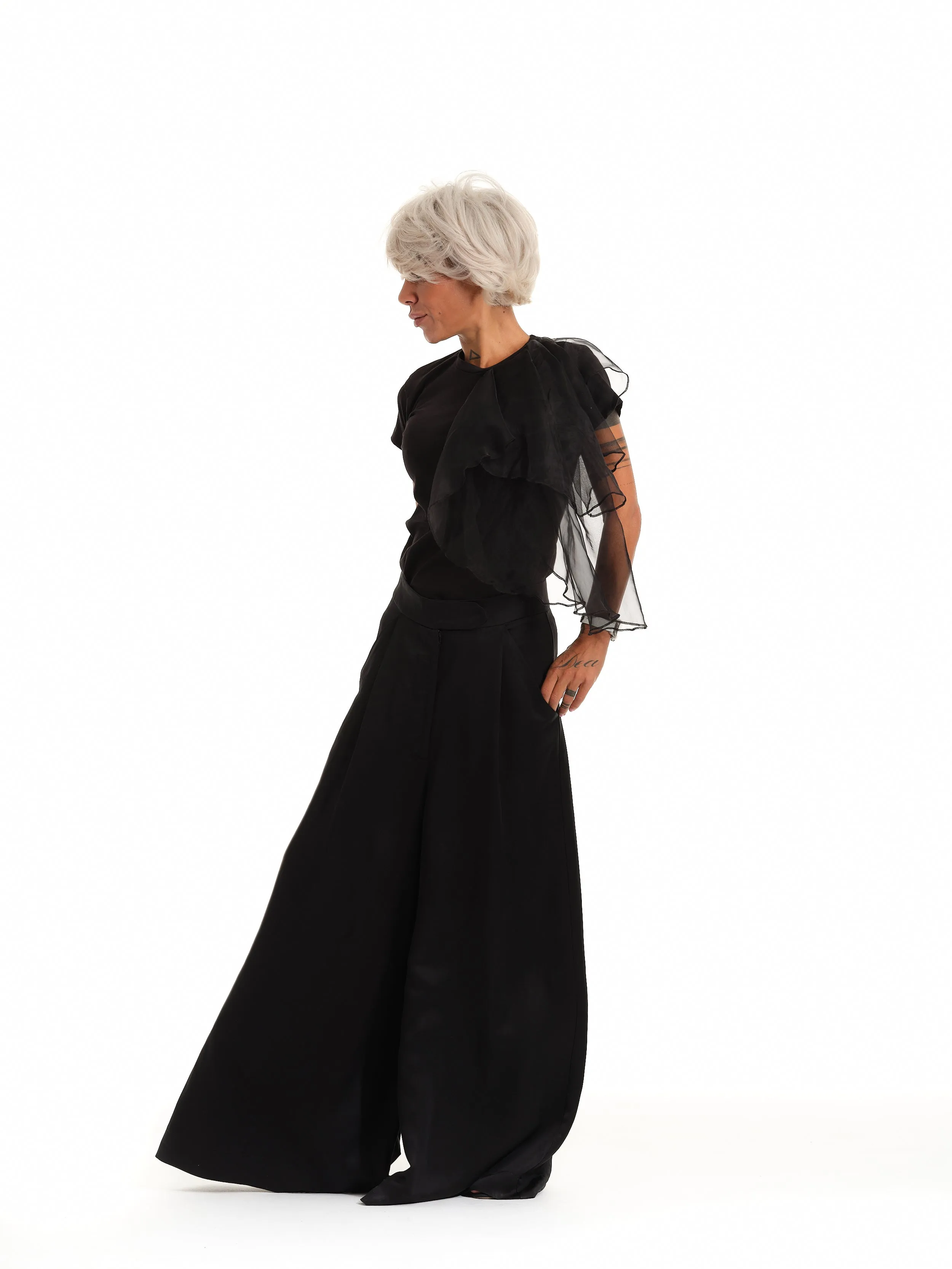 Elegant Black Top with Jabot Detail