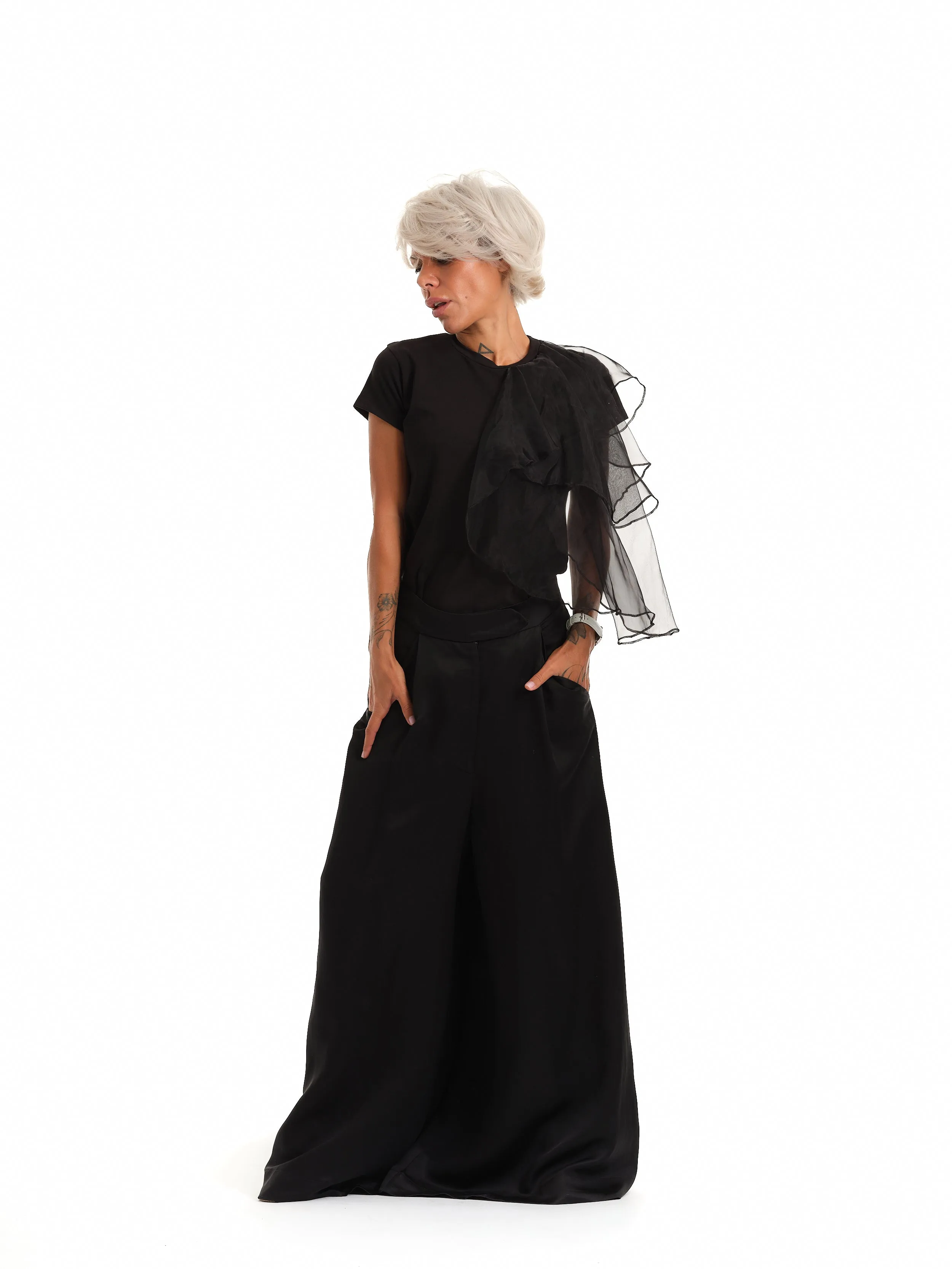 Elegant Black Top with Jabot Detail