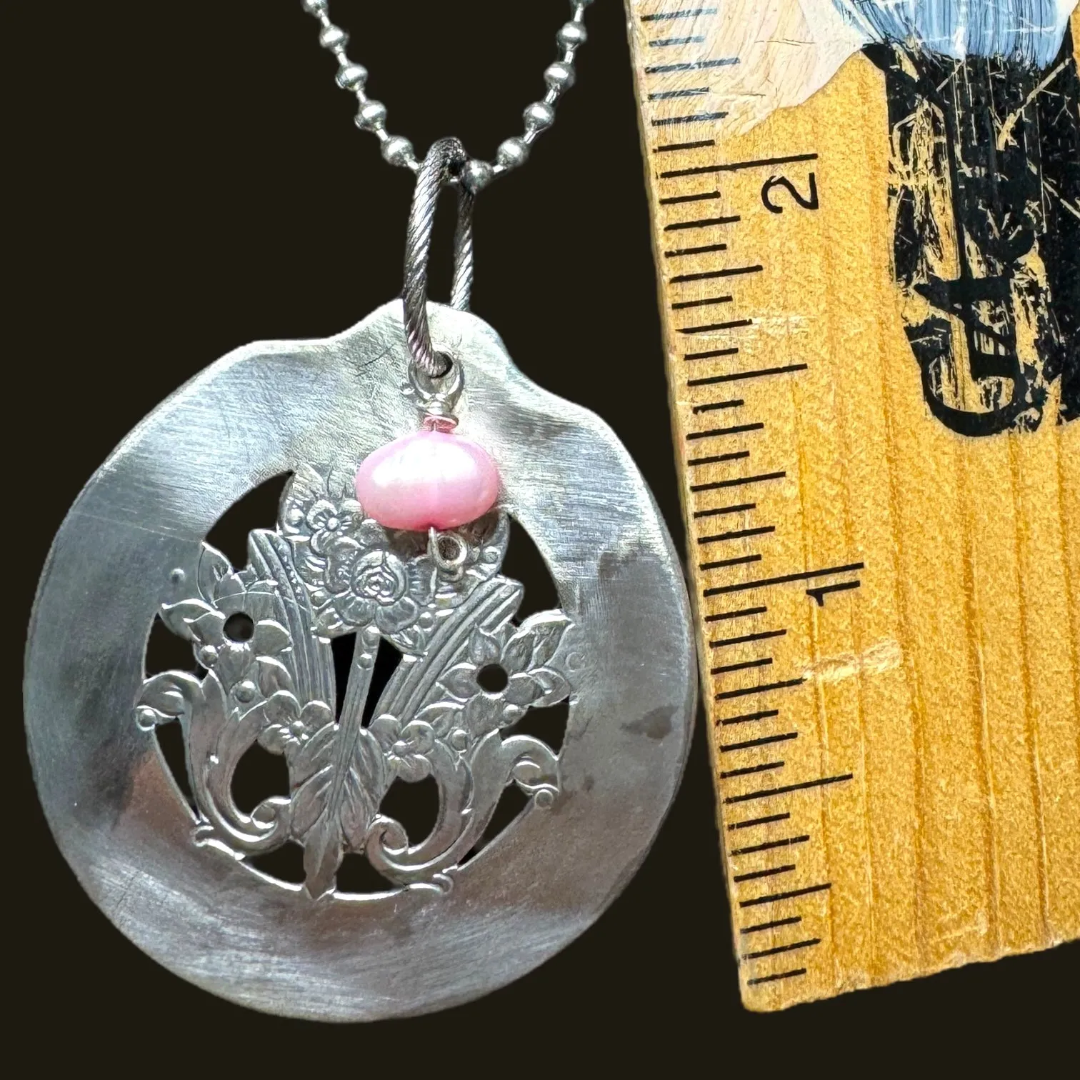 Floral Cutout Spoon Pendant with Freshwater Pearl Charm Handcrafted From Vintage Silverware