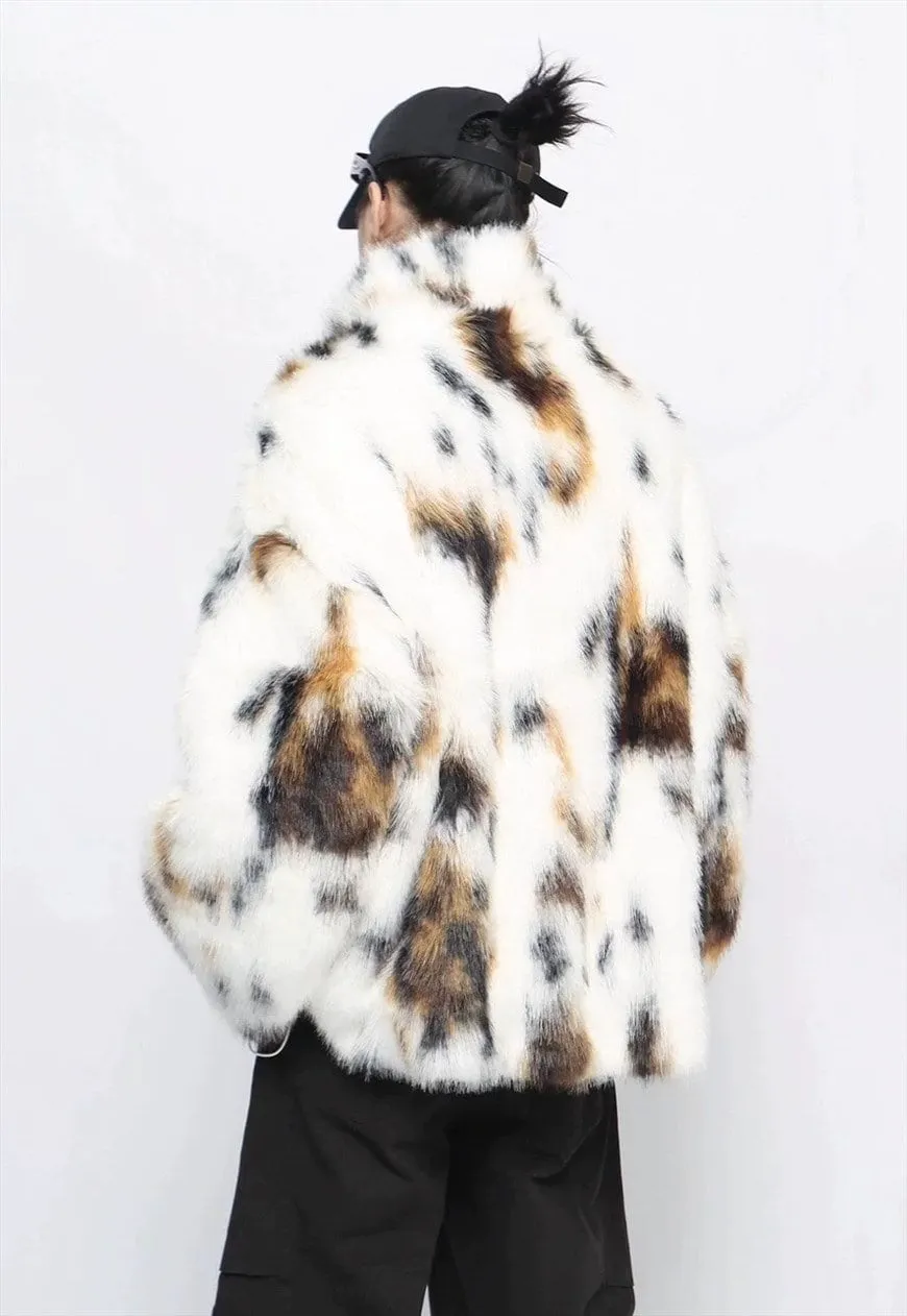 Fuzzy faux fur jacket spot pattern fuzzy coat animal print