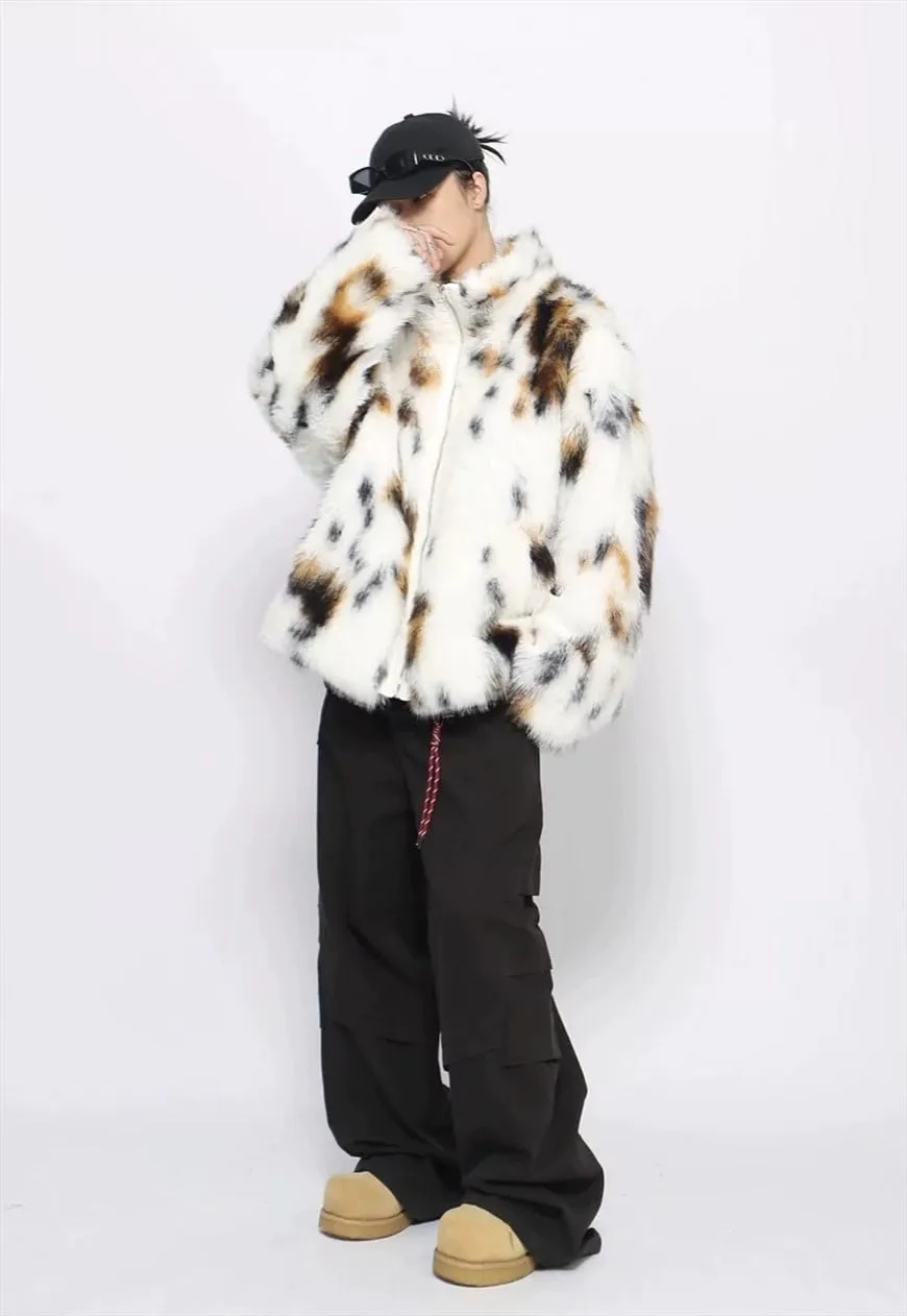 Fuzzy faux fur jacket spot pattern fuzzy coat animal print