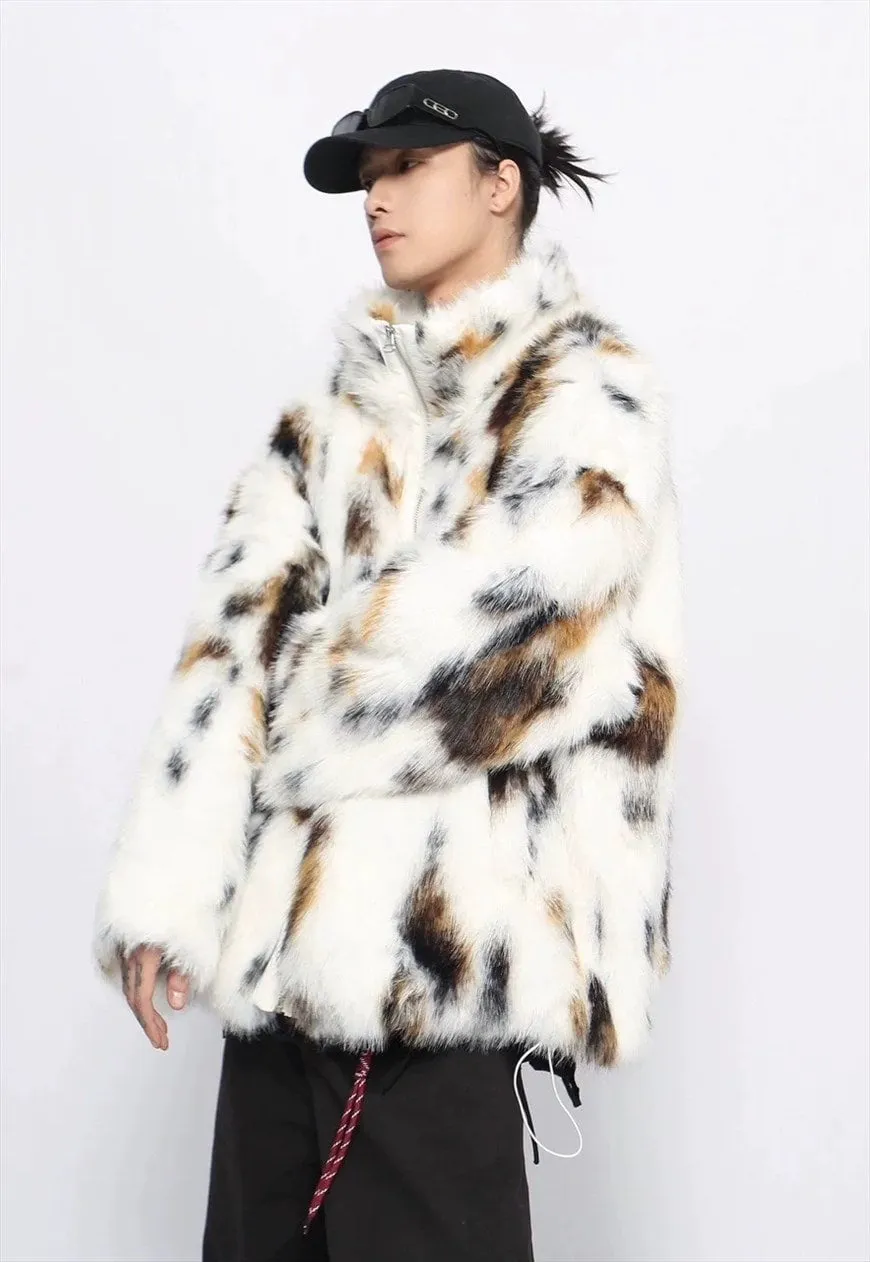 Fuzzy faux fur jacket spot pattern fuzzy coat animal print