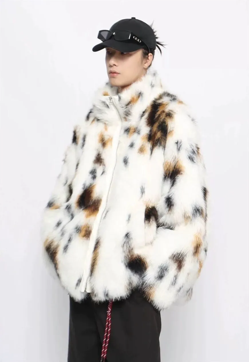 Fuzzy faux fur jacket spot pattern fuzzy coat animal print