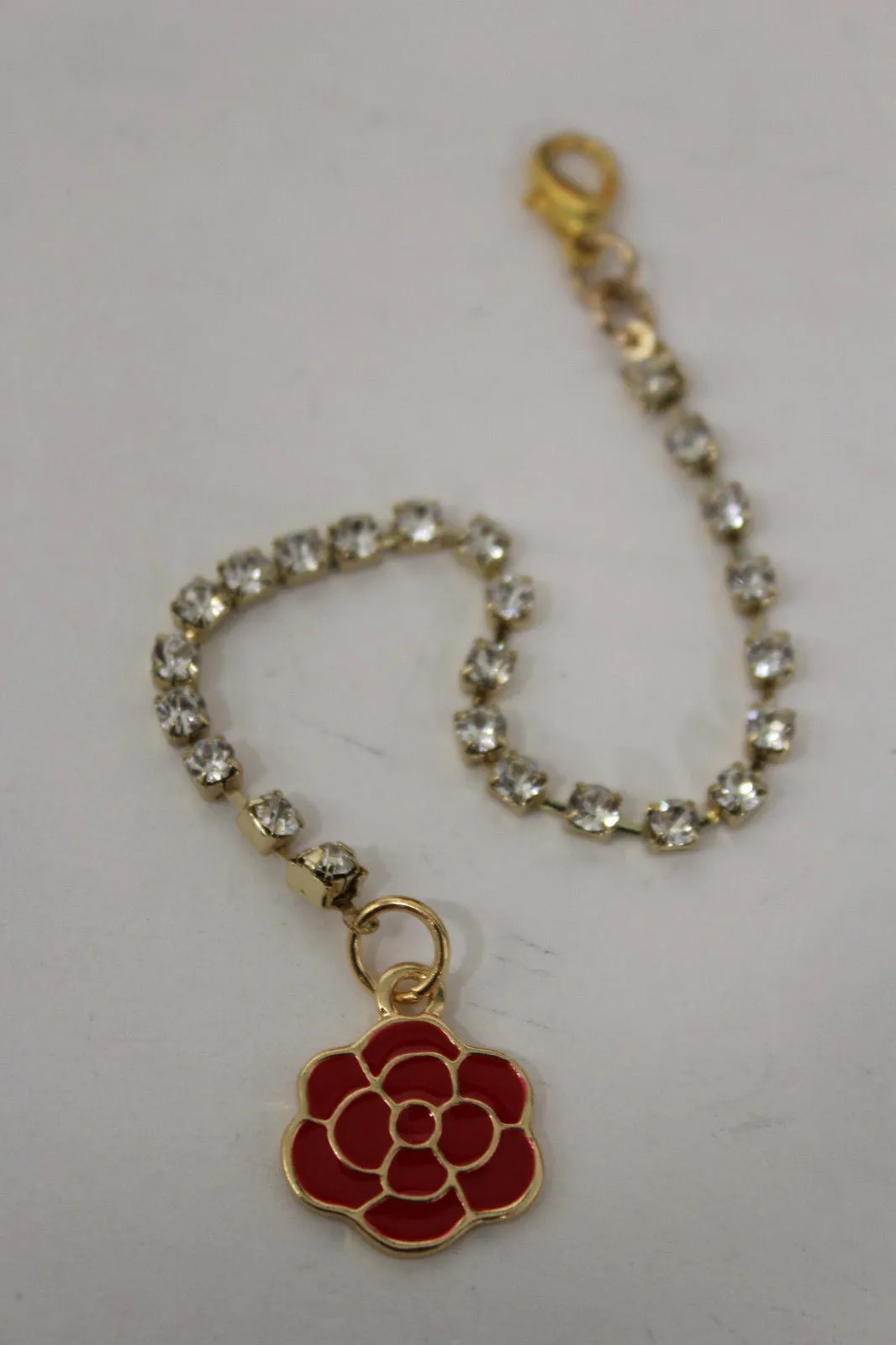 Gold Metal Chains Back Pendant Necklace Silver Beads Red Flower