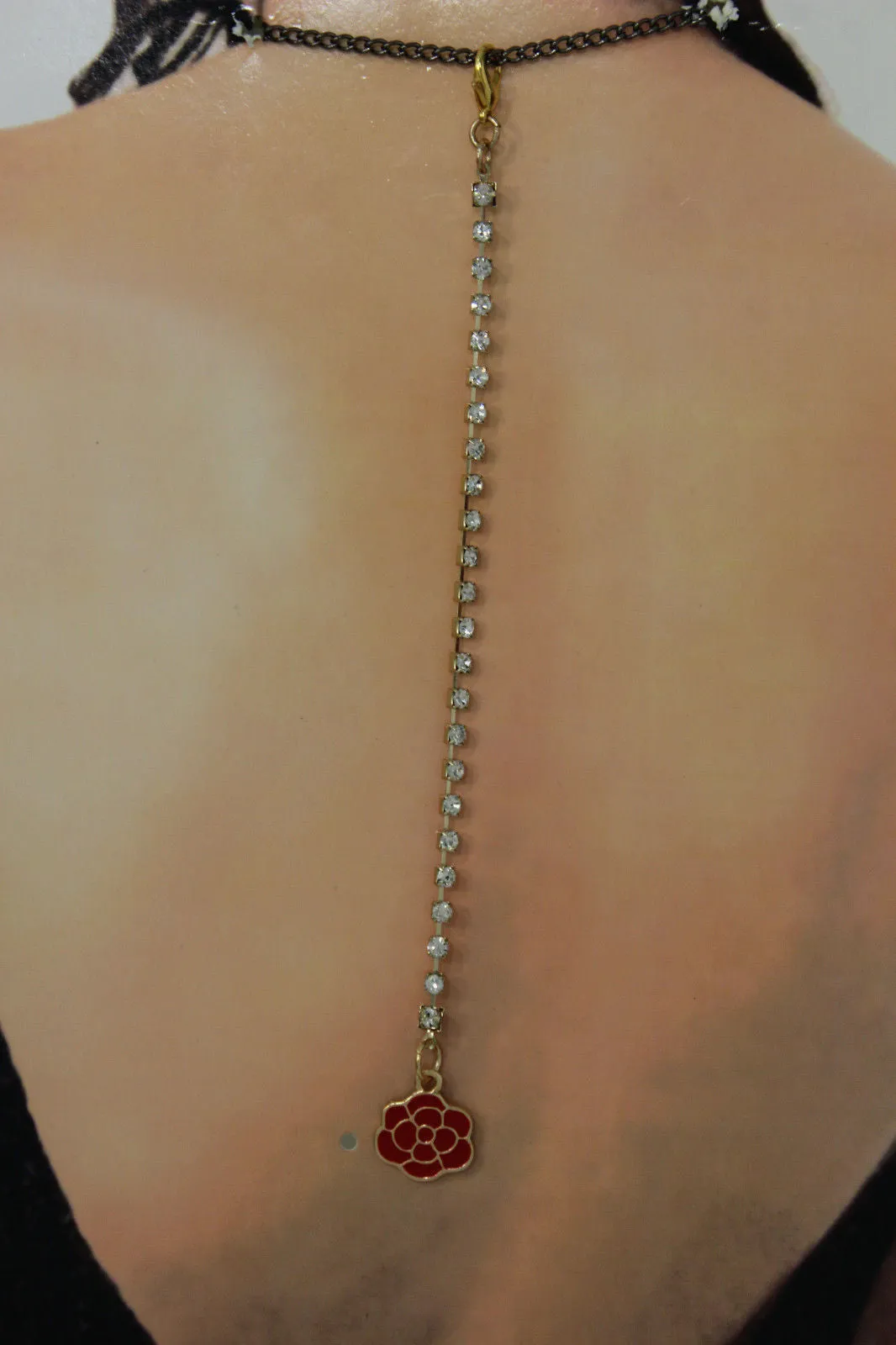 Gold Metal Chains Back Pendant Necklace Silver Beads Red Flower