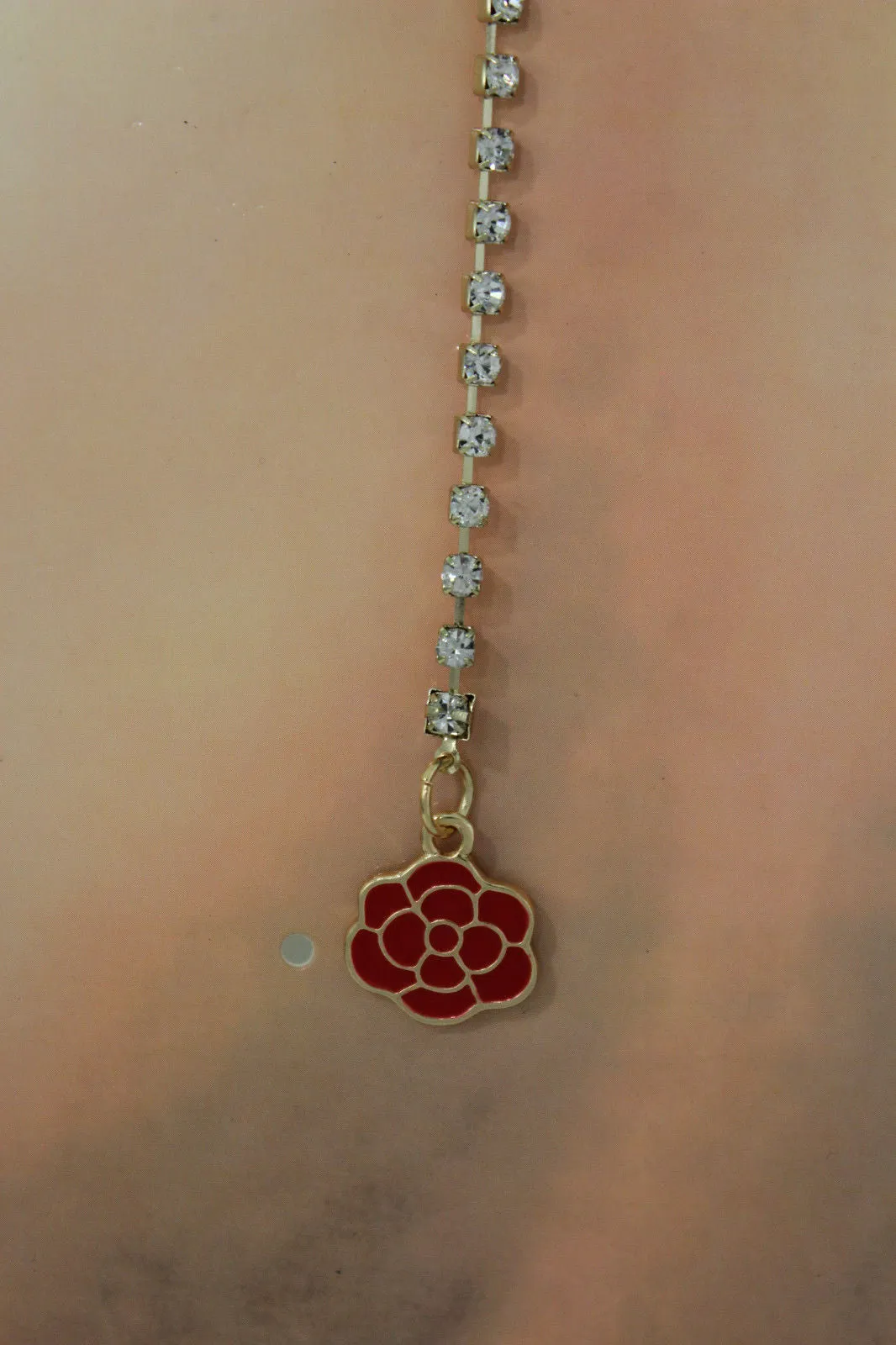 Gold Metal Chains Back Pendant Necklace Silver Beads Red Flower