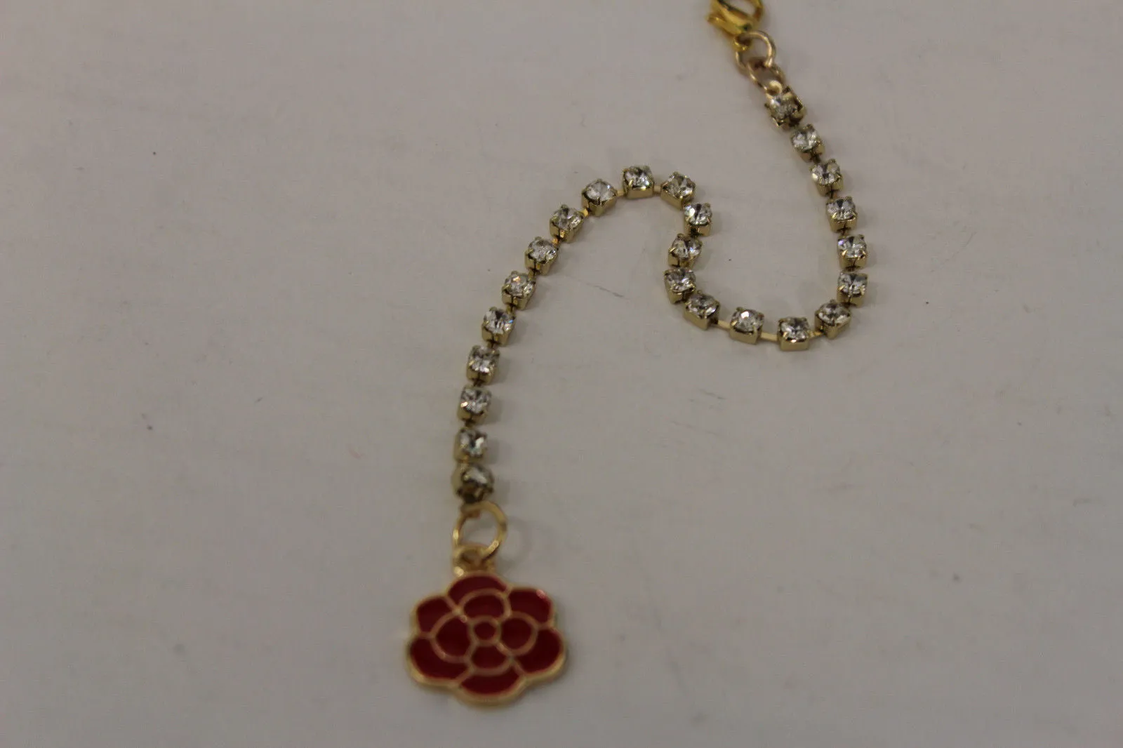 Gold Metal Chains Back Pendant Necklace Silver Beads Red Flower