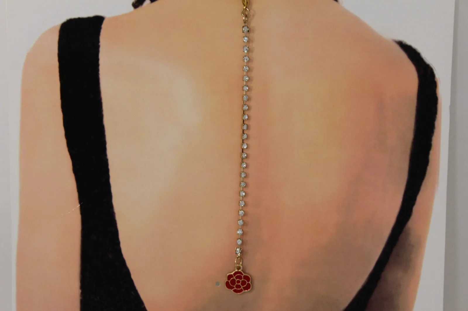 Gold Metal Chains Back Pendant Necklace Silver Beads Red Flower