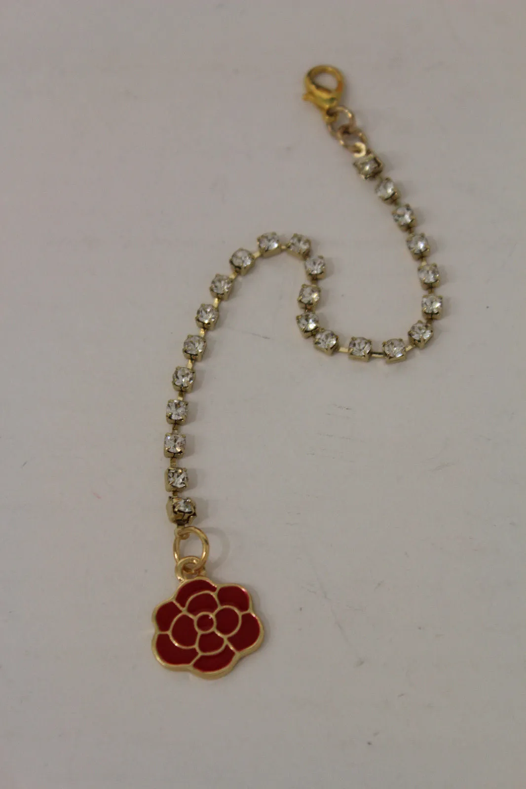 Gold Metal Chains Back Pendant Necklace Silver Beads Red Flower