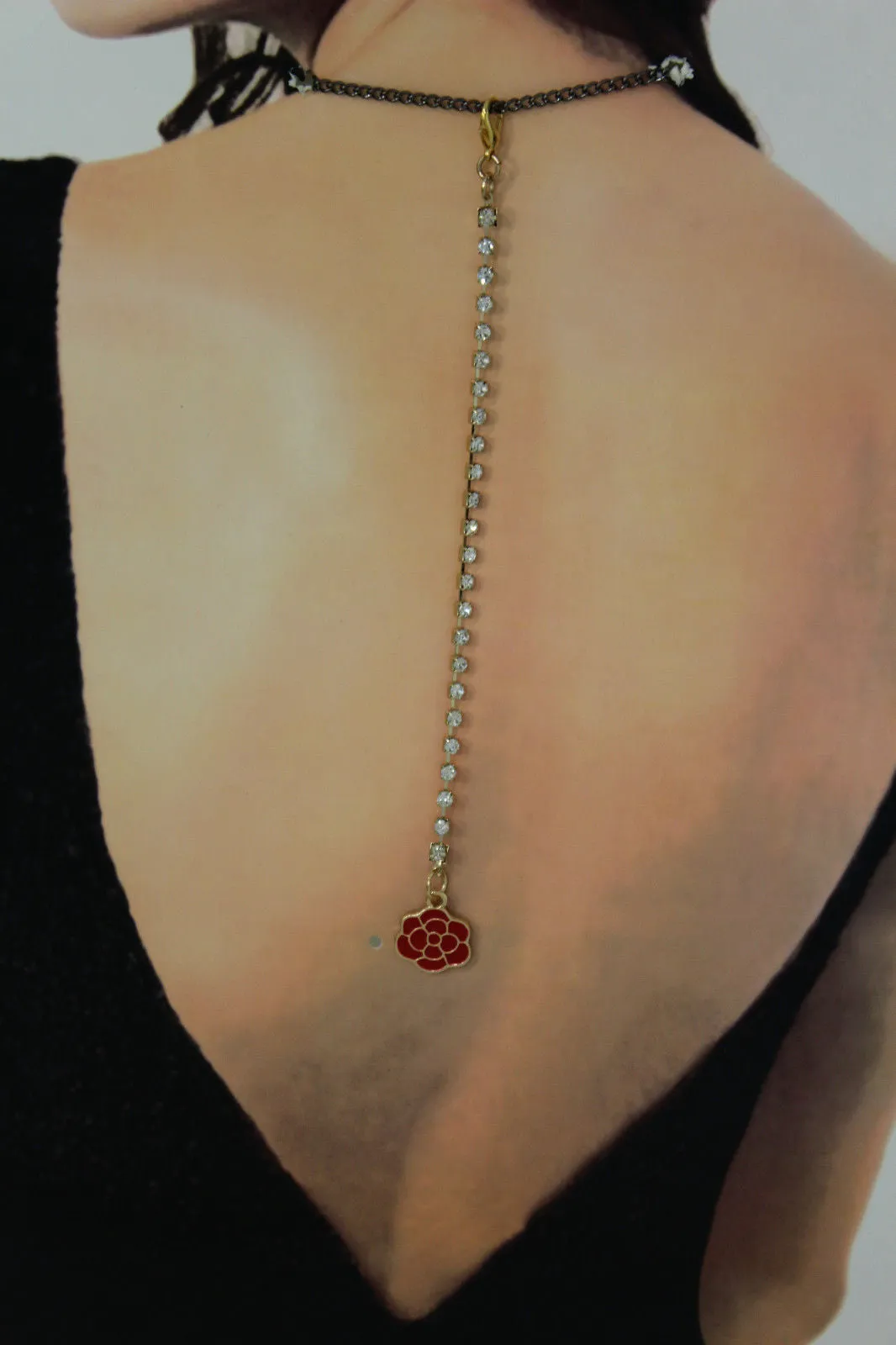 Gold Metal Chains Back Pendant Necklace Silver Beads Red Flower