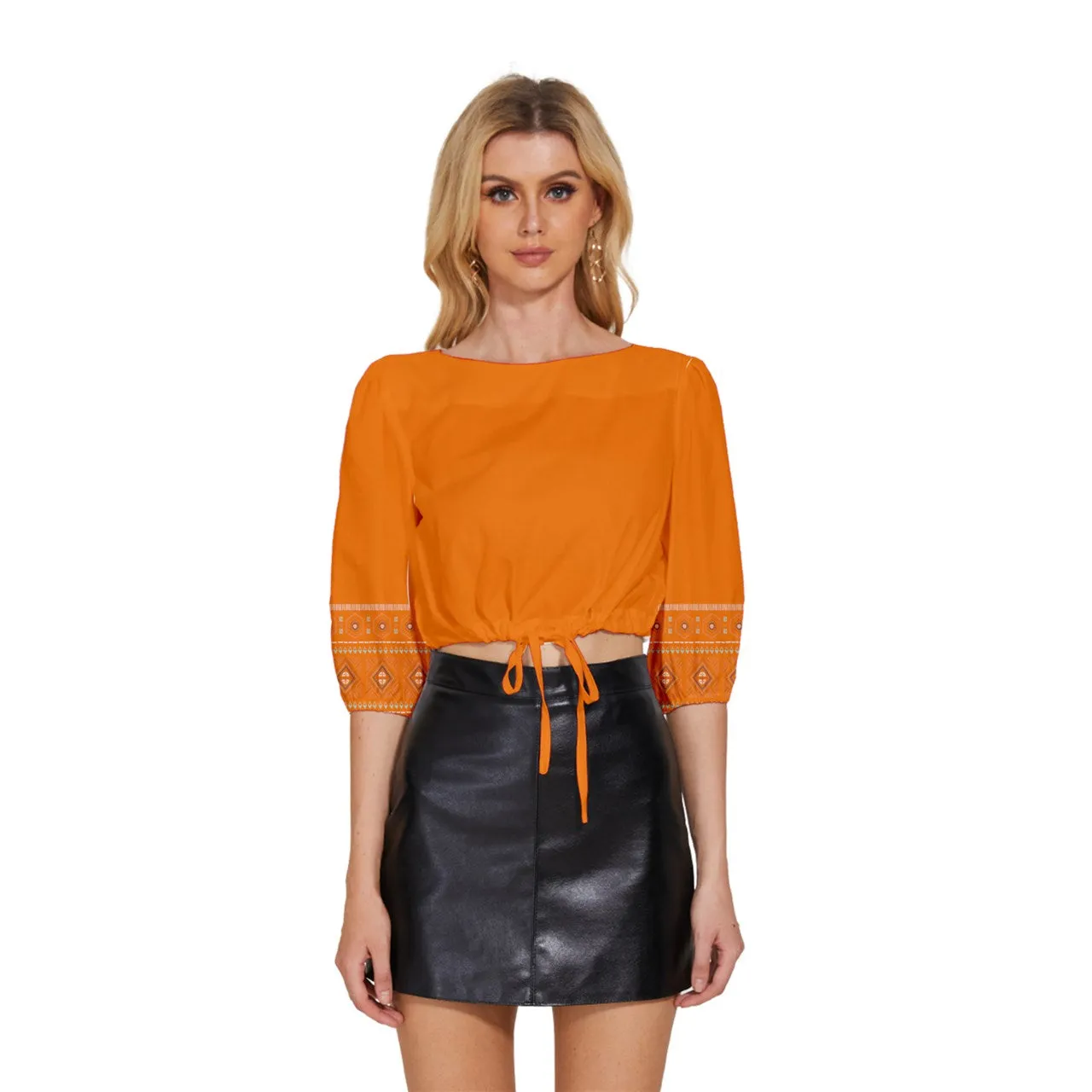 Gold Mid Sleeve Drawstring Hem Top - Orange