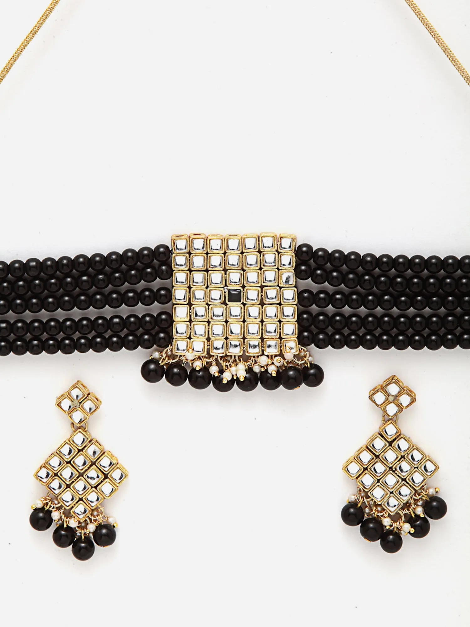 Gold-Plated Embellished Kundan and Black Beads Handcrafted Choker Necklace Set