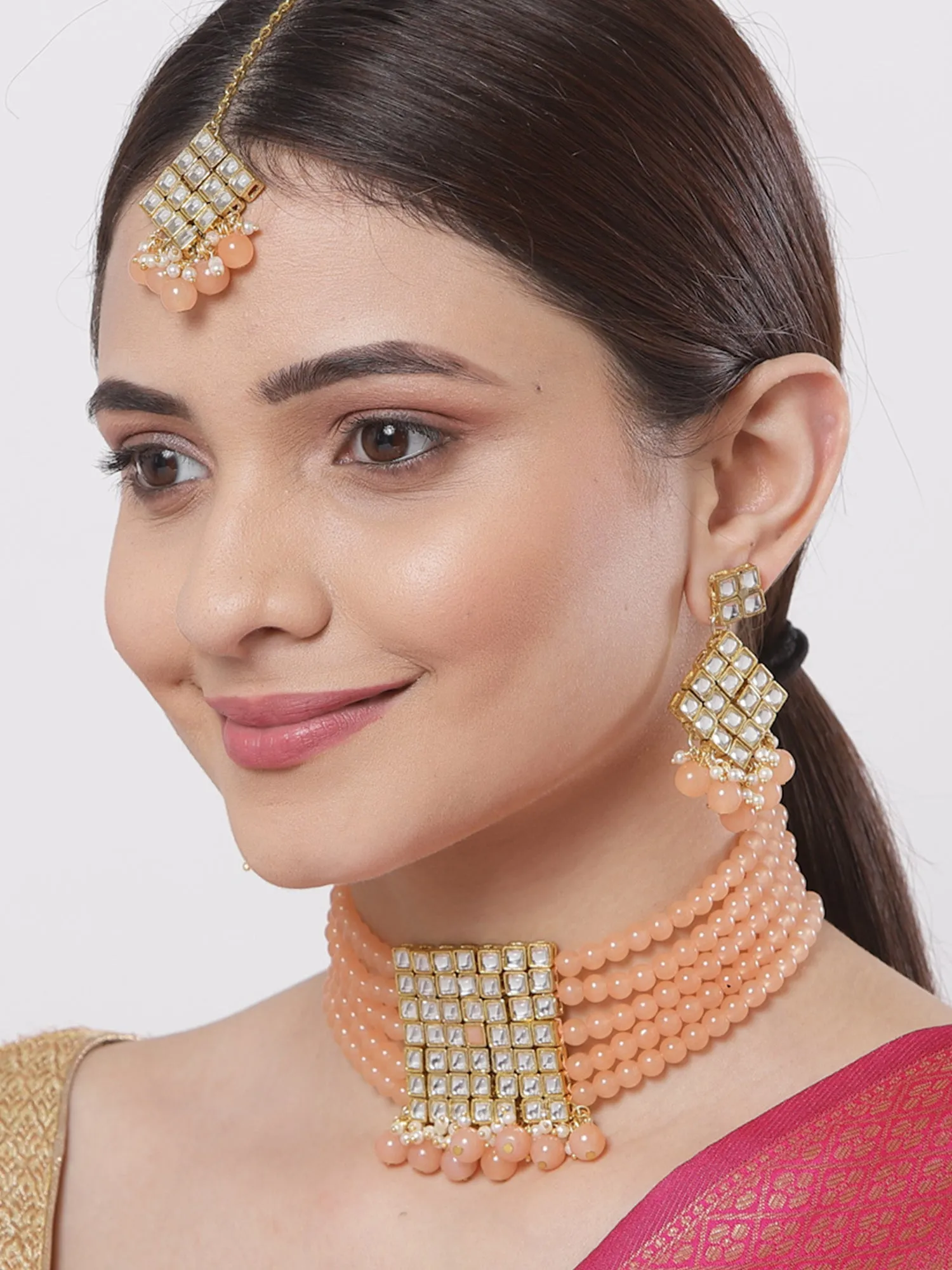 Gold-Plated Embellished Kundan and Peach Beads Handcrafted Choker Necklace Set