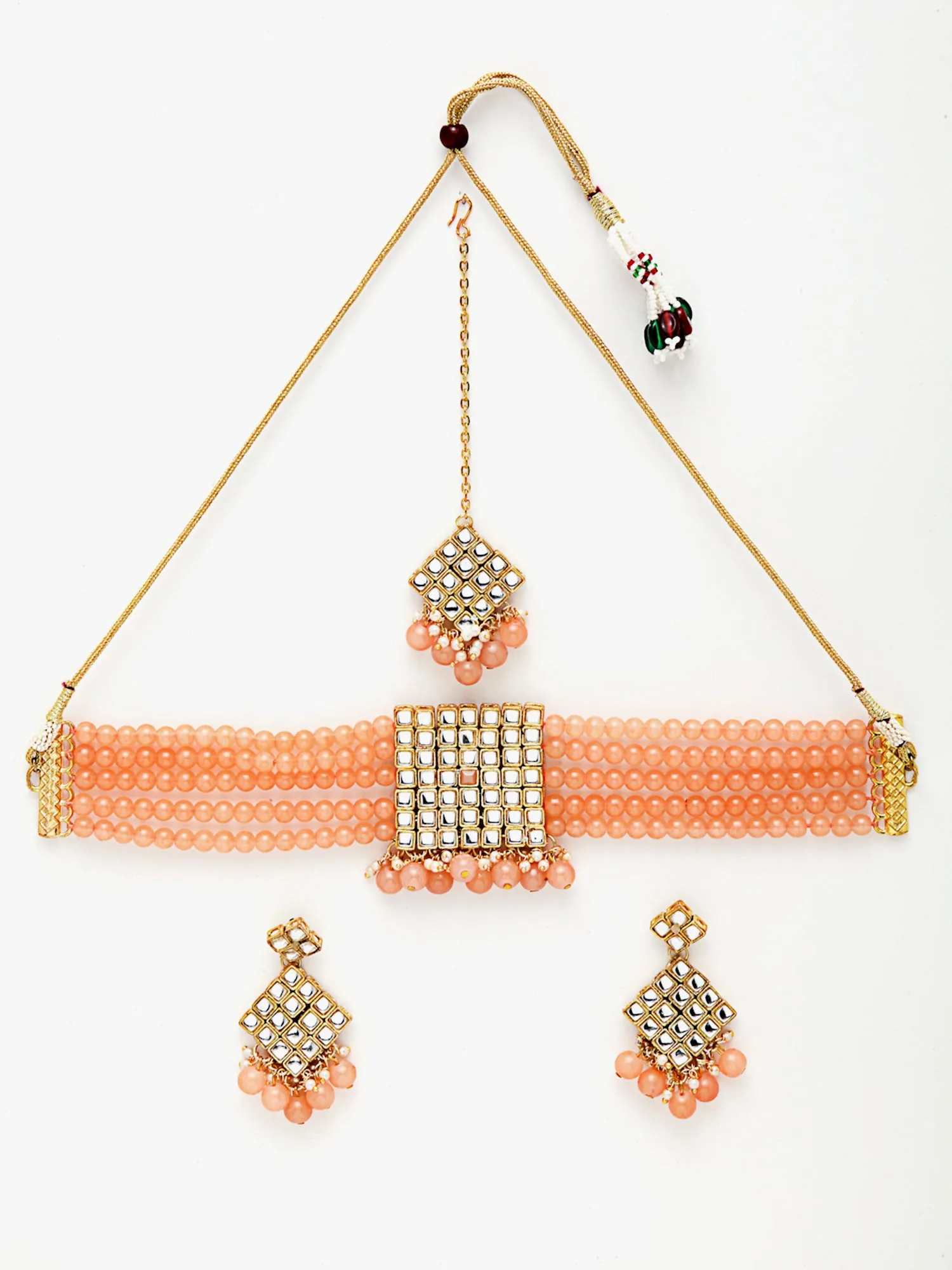 Gold-Plated Embellished Kundan and Peach Beads Handcrafted Choker Necklace Set