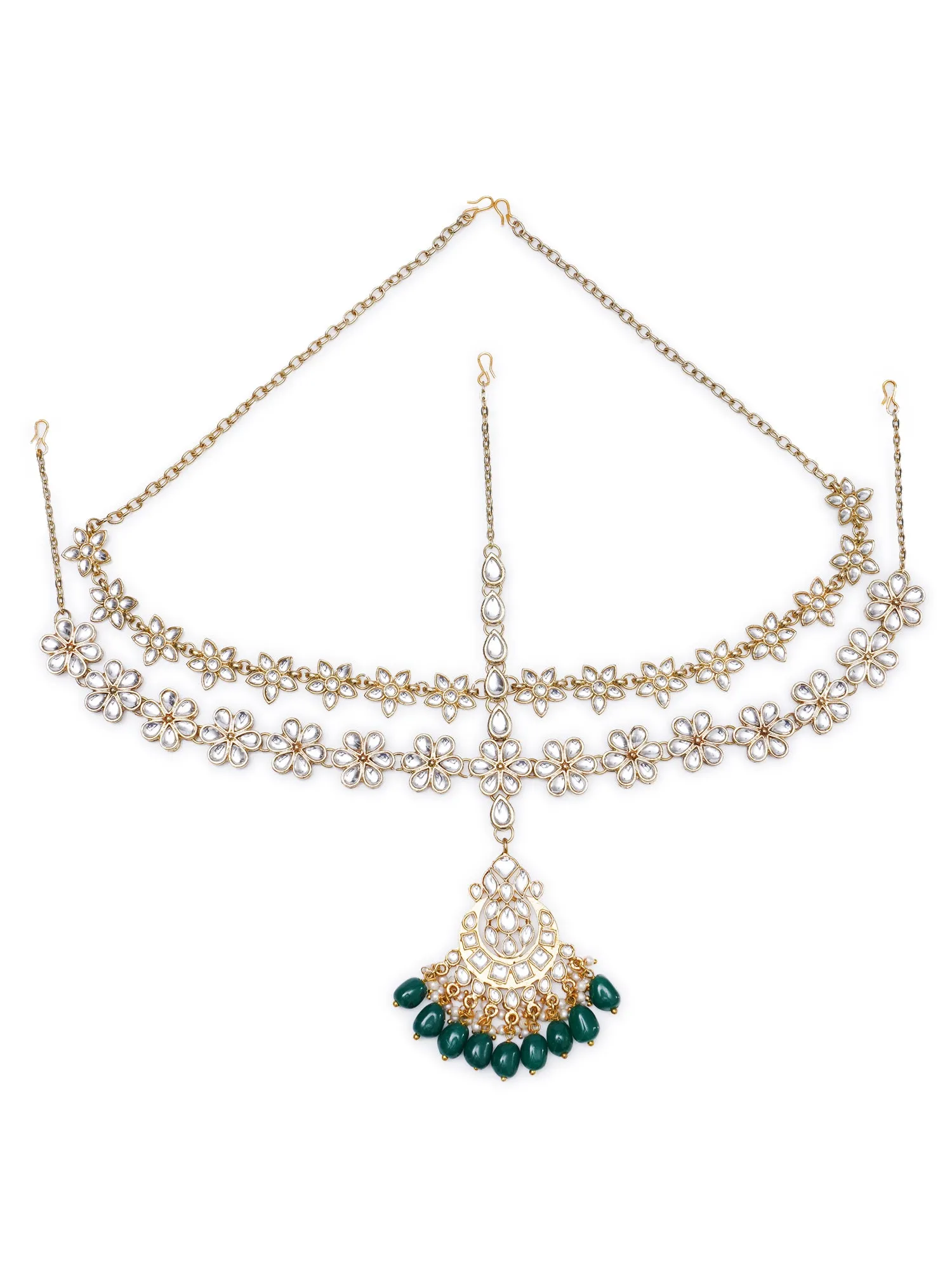 Gold Plated Green Tumble Stone Studded Handcrafted Kundan Sheeshphool