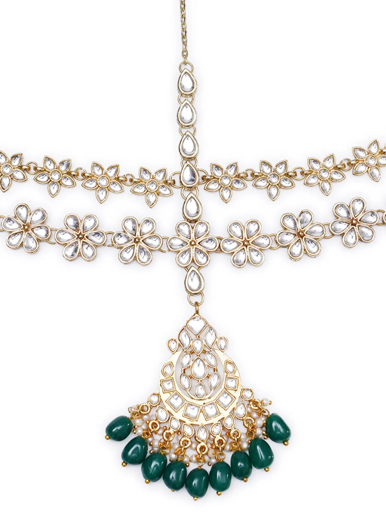 Gold Plated Green Tumble Stone Studded Handcrafted Kundan Sheeshphool