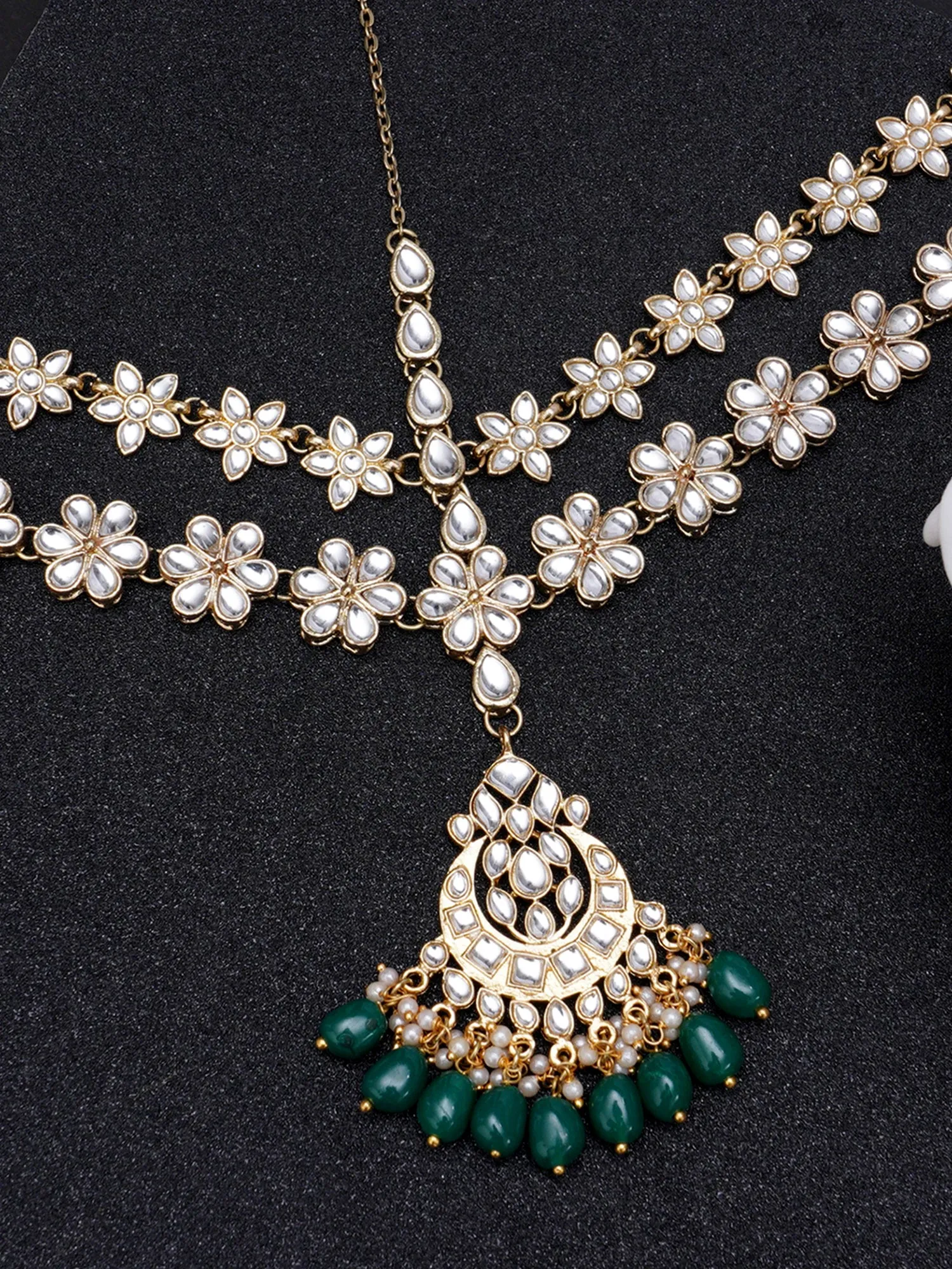 Gold Plated Green Tumble Stone Studded Handcrafted Kundan Sheeshphool