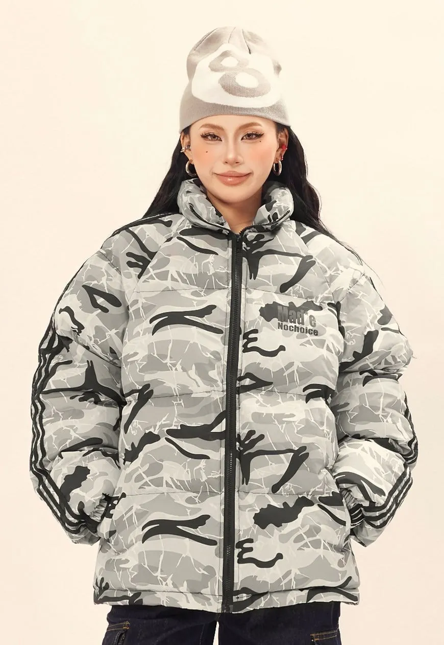 Grey camo print puffer jacket military bomber army coat