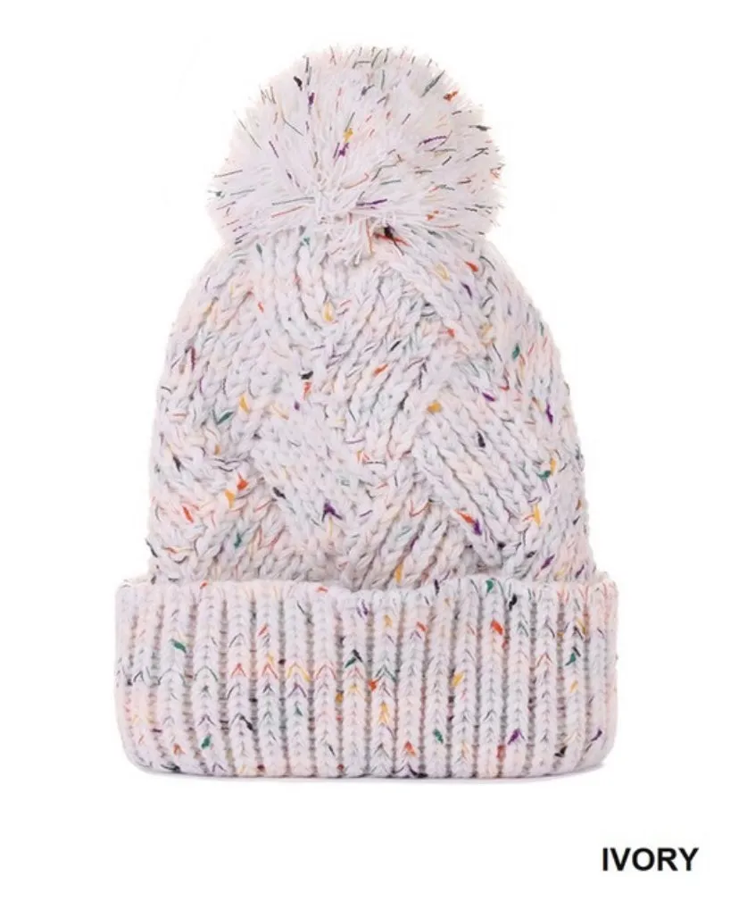 Ivory Speckled Pom Pom Beanie Hat