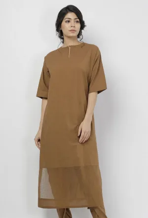 Kanak Beige Plain Round Neck Straight Fit Kota Bordered Cotton Kurta