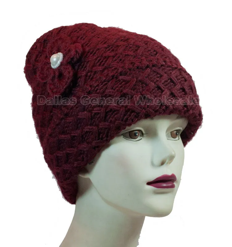 Ladies Flower Knitted Beanies Hats Wholesale