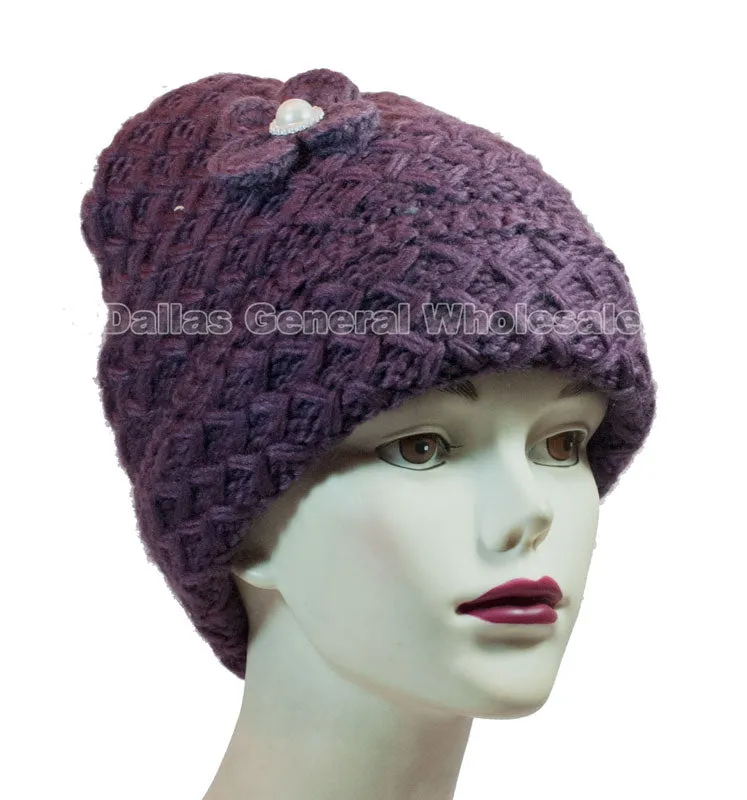 Ladies Flower Knitted Beanies Hats Wholesale