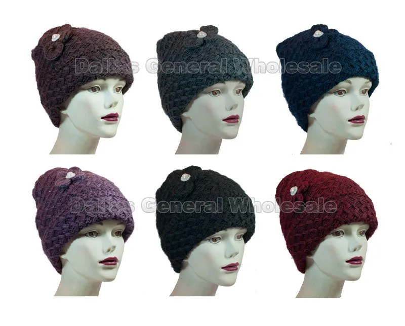 Ladies Flower Knitted Beanies Hats Wholesale