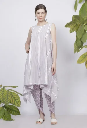 Lilac Asymmetrical Stripes Hand-Block Printed Cotton Kurta