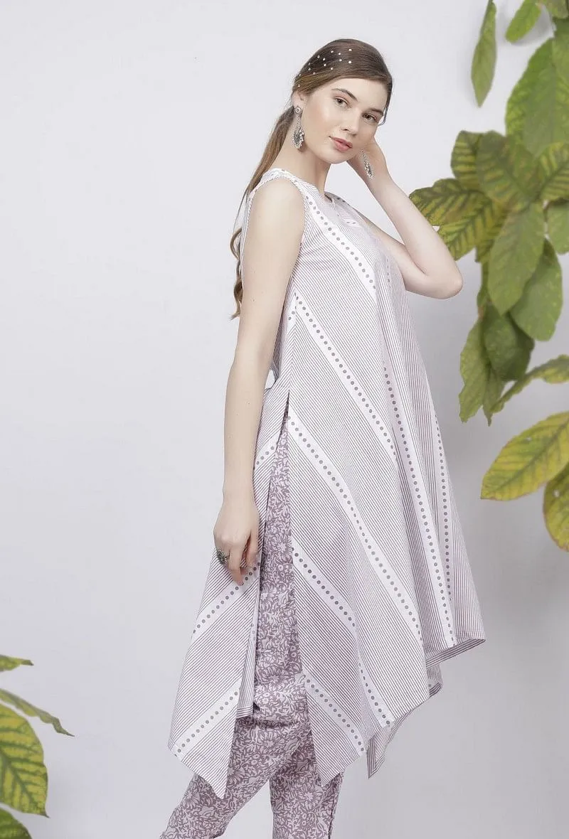 Lilac Asymmetrical Stripes Hand-Block Printed Cotton Kurta