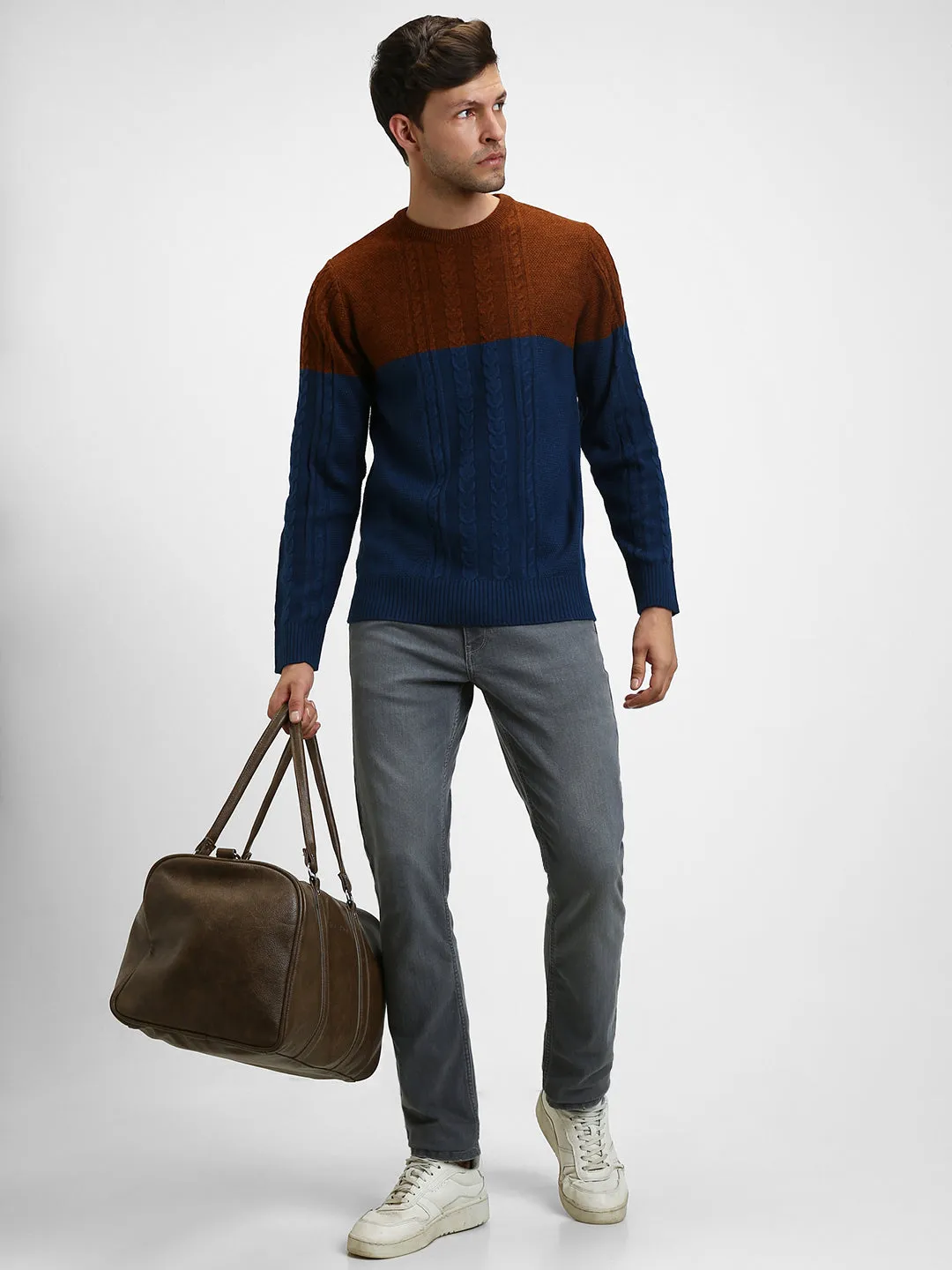 Men's Rust ColorBlock Round Neck Pullover Sweater