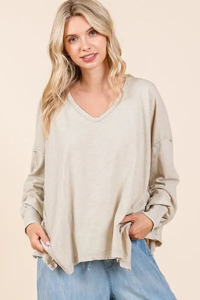 Mittoshop Mineral Wash V-Neck Long Sleeve Oversized Top