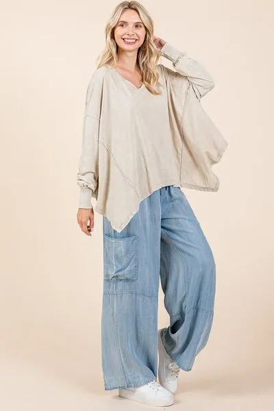 Mittoshop Mineral Wash V-Neck Long Sleeve Oversized Top