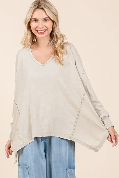 Mittoshop Mineral Wash V-Neck Long Sleeve Oversized Top