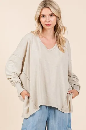 Mittoshop Mineral Wash V-Neck Long Sleeve Oversized Top