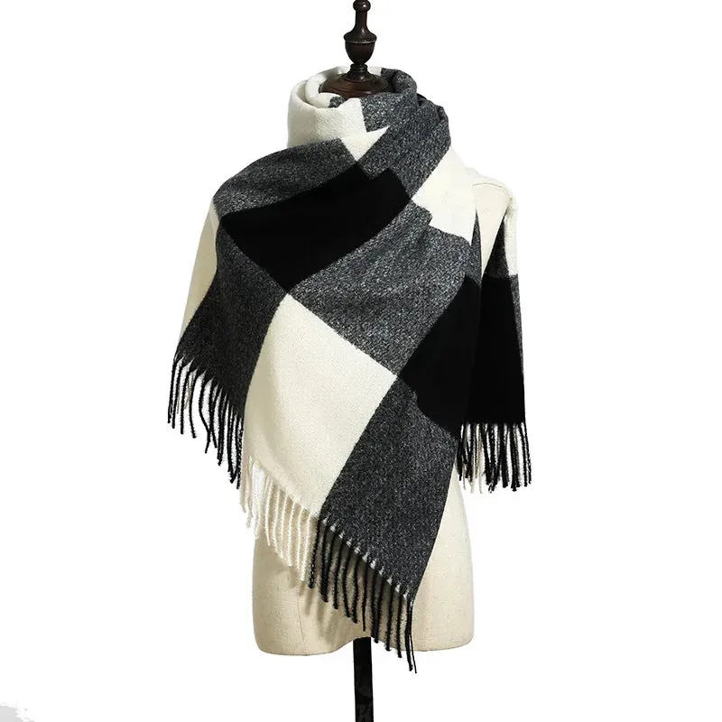 Plaid Hijab Korean Style Cashmere Winter Scarf - Black White Green Yellow