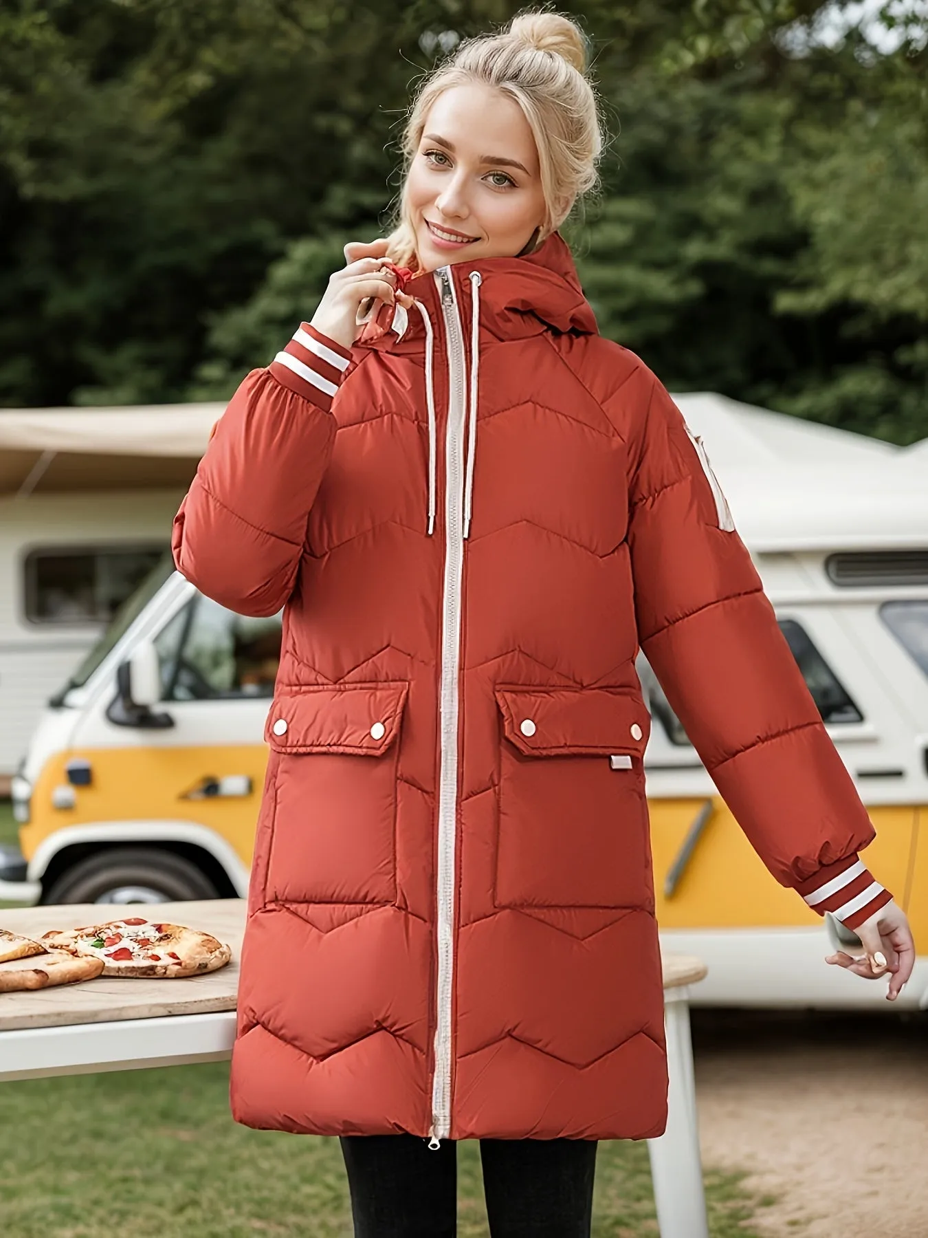 Women's Casual Long Winter Coat with Drawstring and Flap Pockets | Ideal for Autumn/Winter