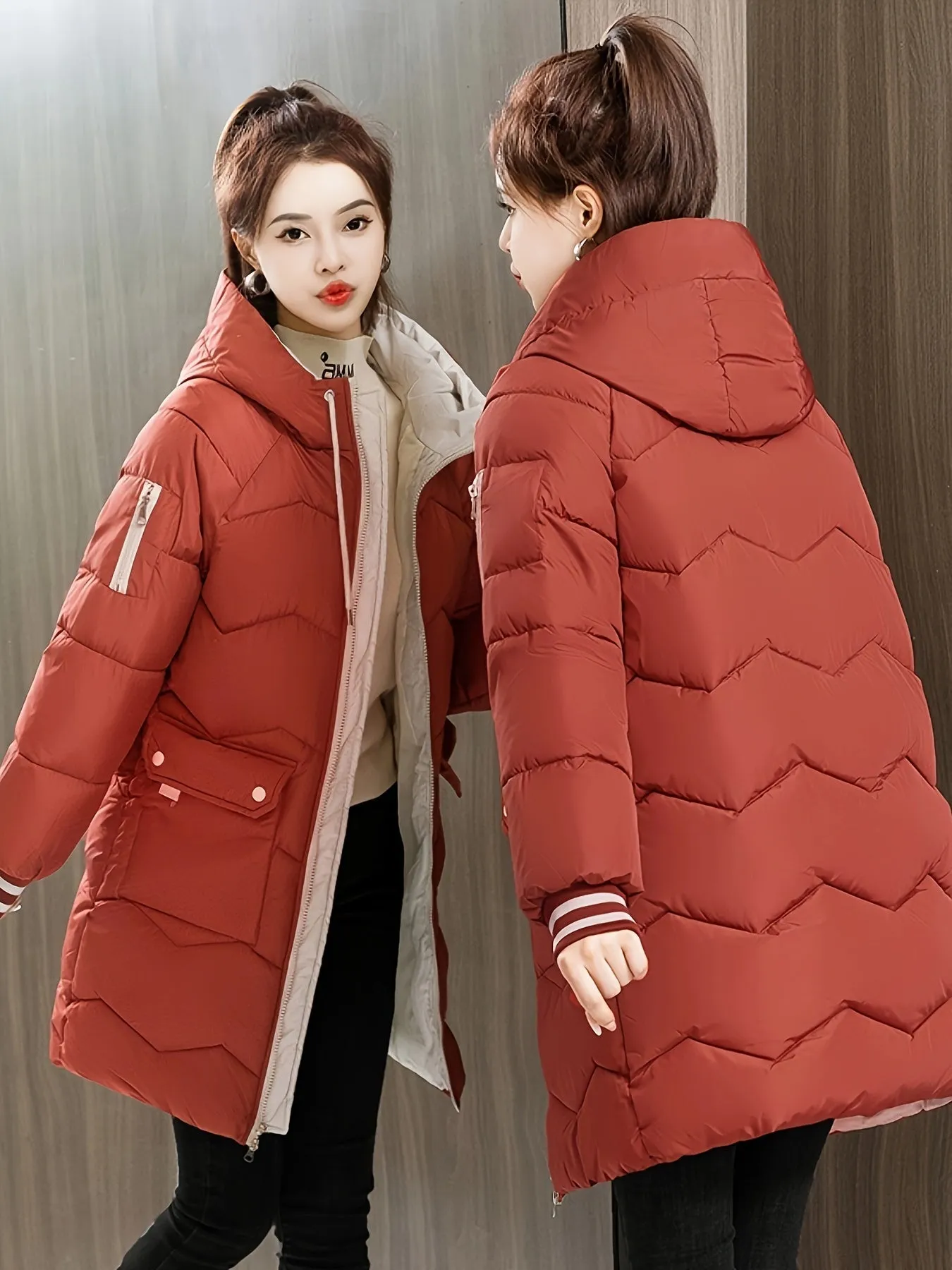 Women's Casual Long Winter Coat with Drawstring and Flap Pockets | Ideal for Autumn/Winter